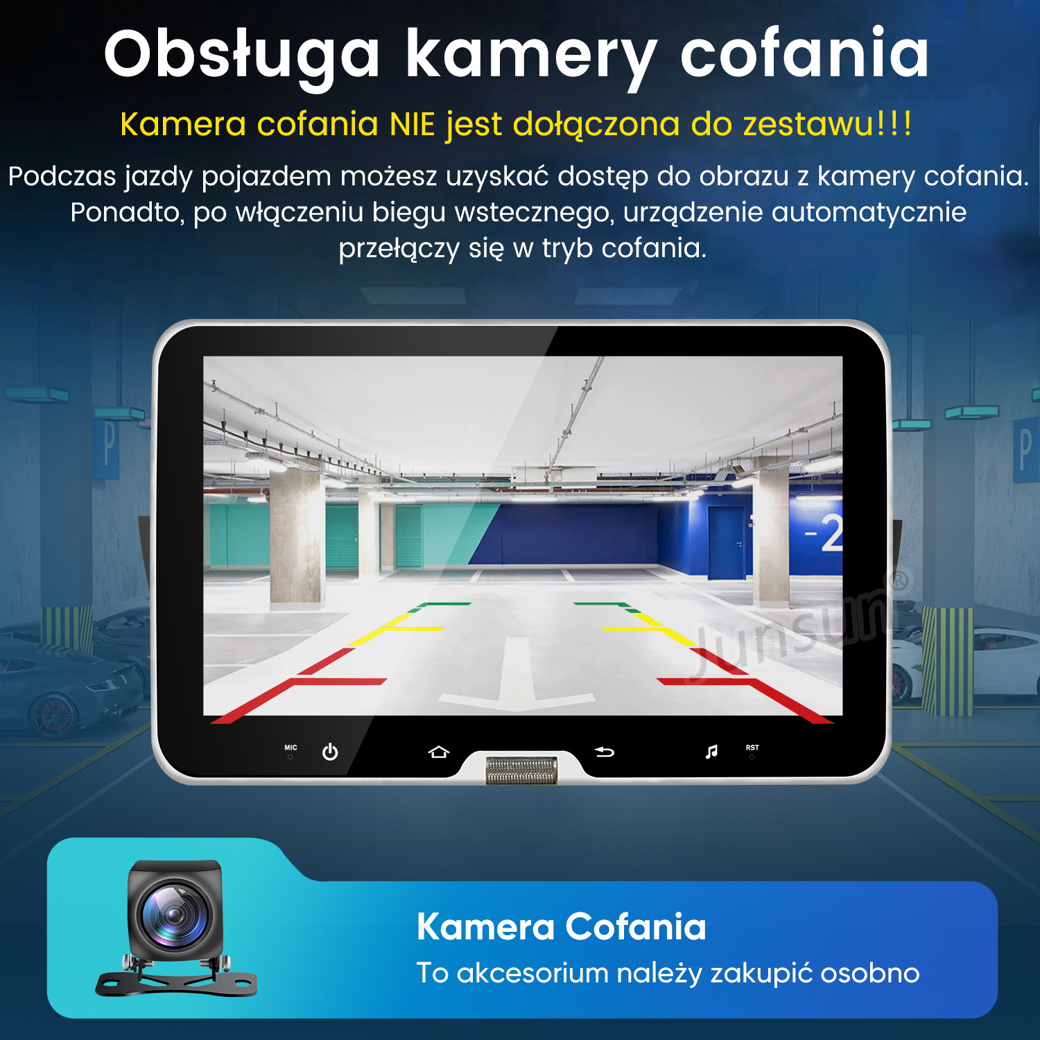 Ekran pokazuje widok parkingu z liniami kamery cofania.