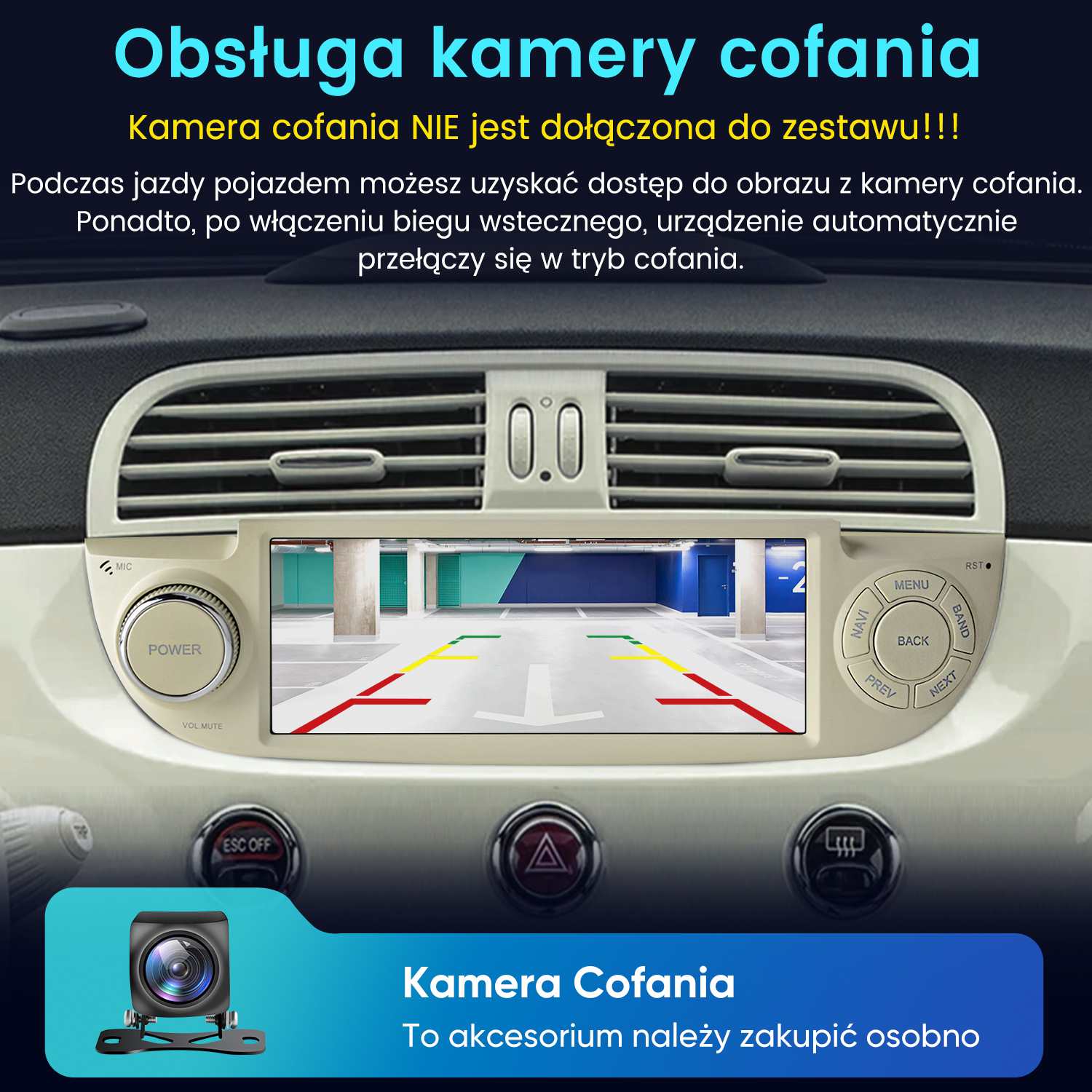 Radio samochodowe wyświetla widok garażu z kamery cofania.