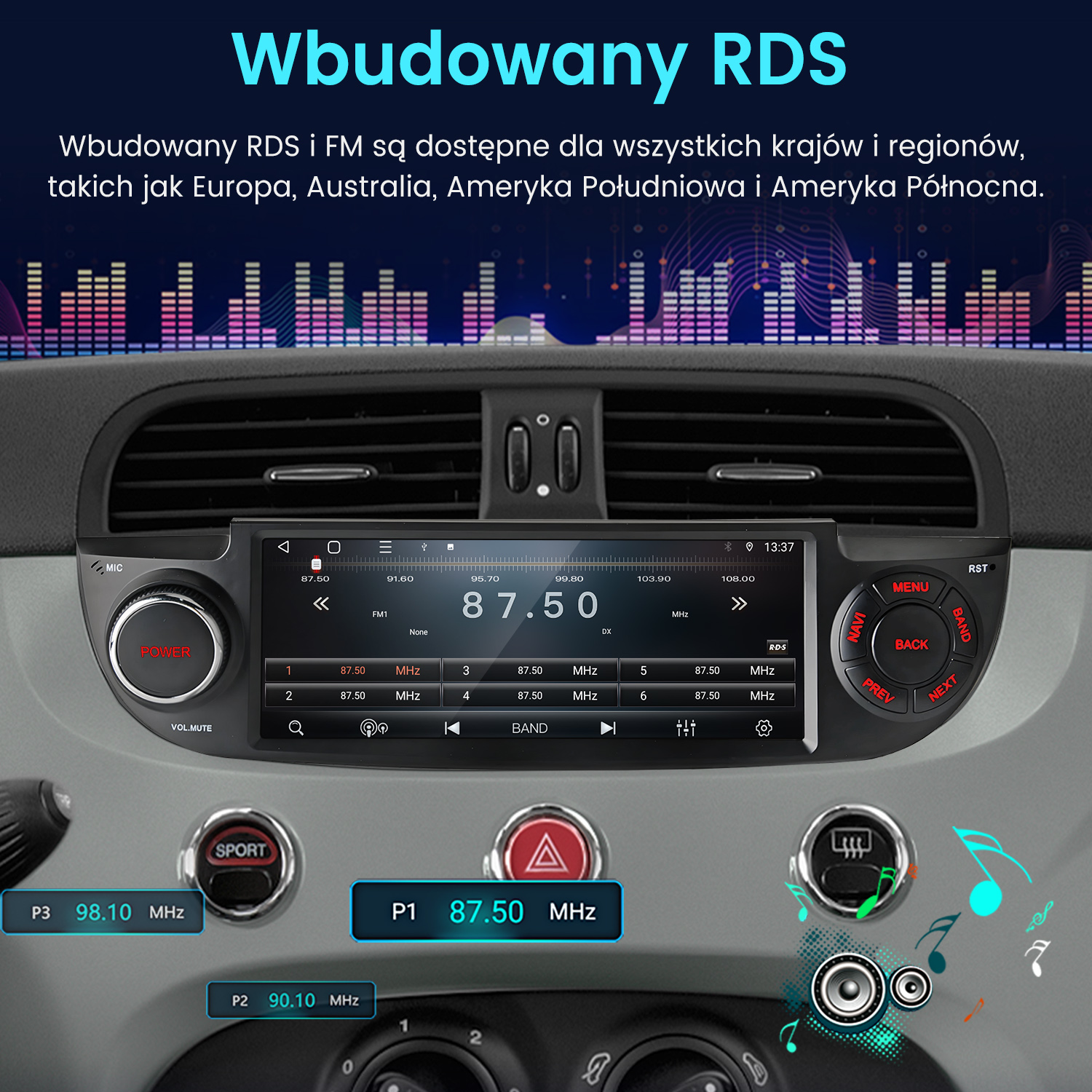 Ekran radia samochodowego z częstotliwościami i kontrolkami, z wizualizacją muzyki w tle.