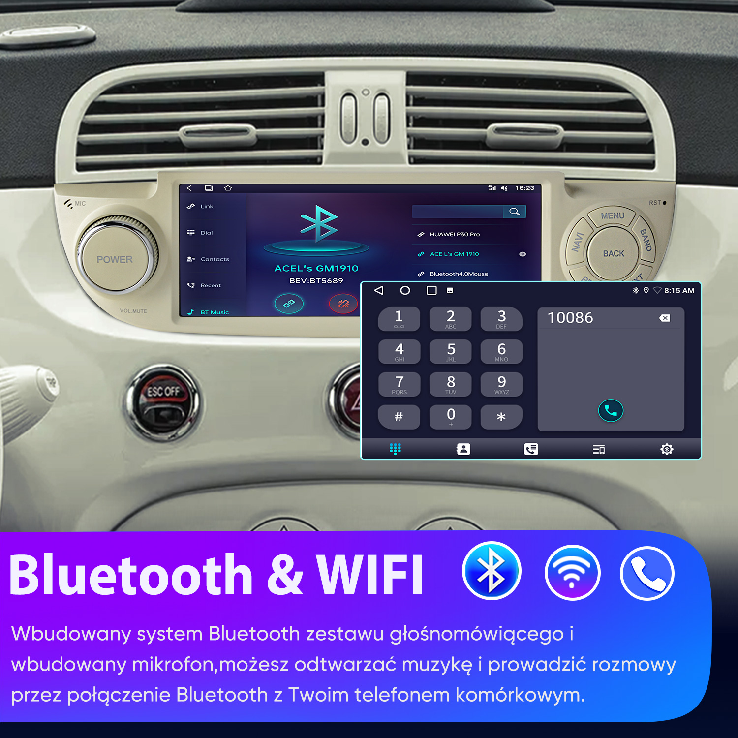 Wnętrze samochodu pokazujące ekran multimedialny z funkcjami Bluetooth i WiFi.