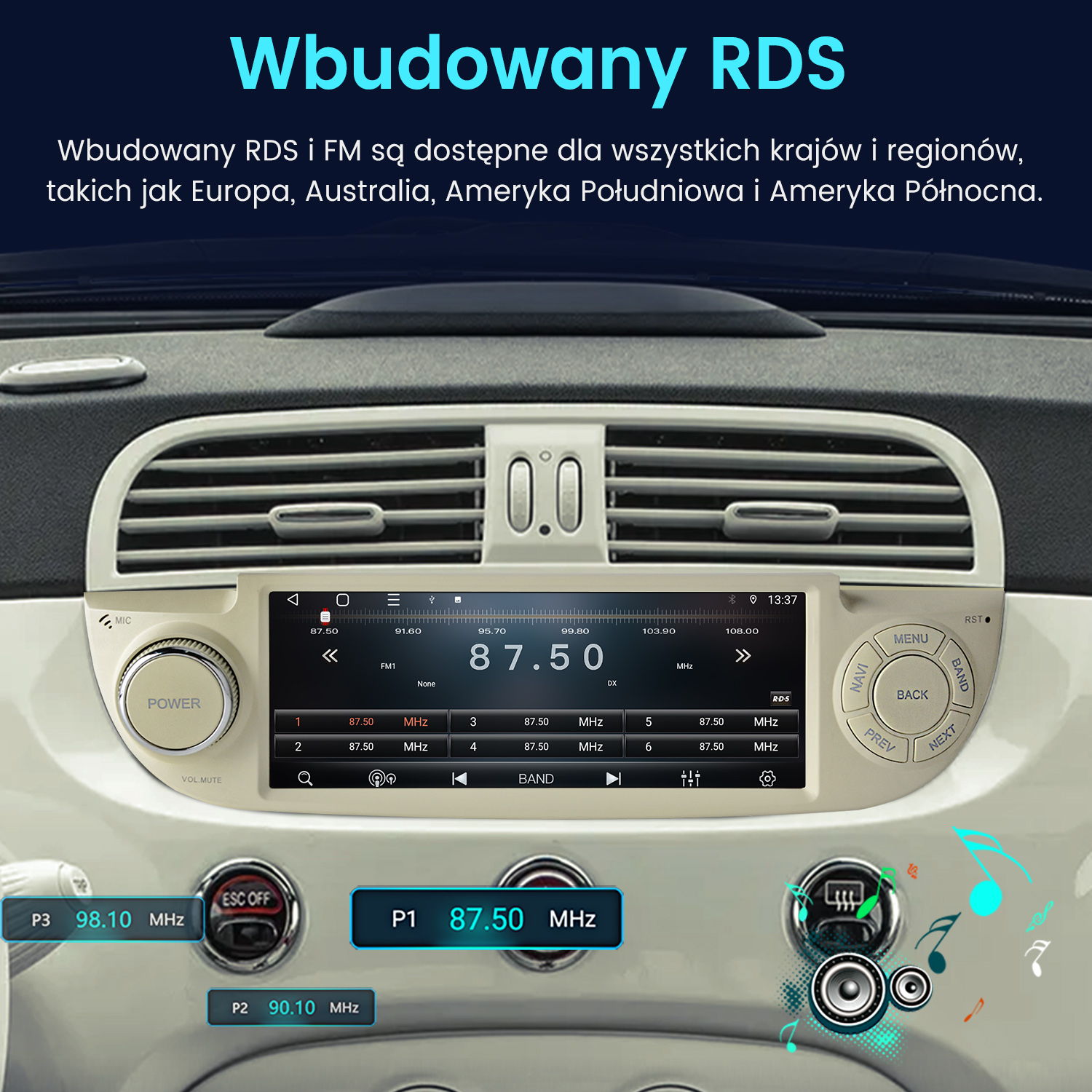 Wyświetlacz radia samochodowego pokazujący RDS i częstotliwości FM od 87,50 MHz do 108,00 MHz.