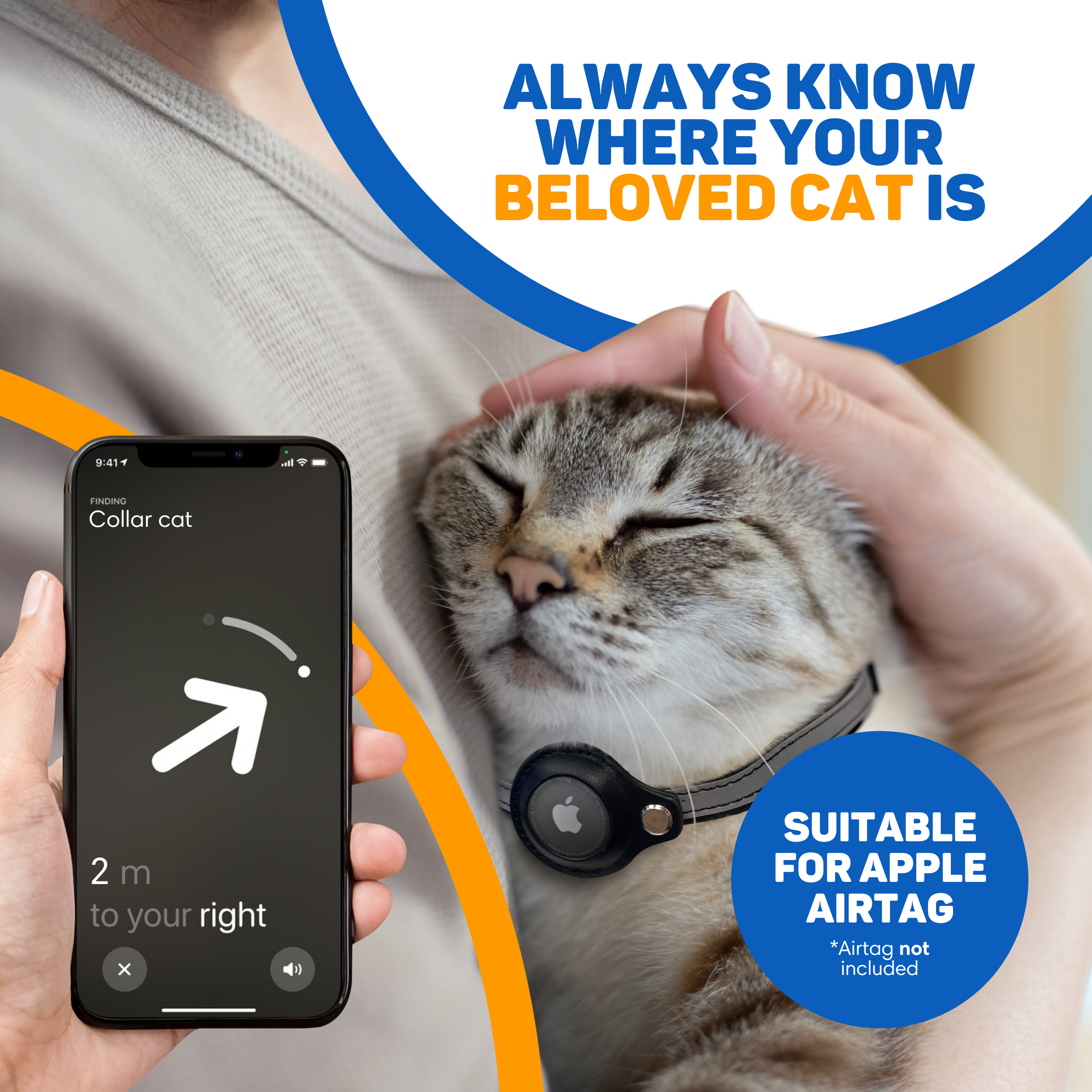 Eine Hand hält ein Handy mit einer Ortungs-App, die eine Katze anzeigt.