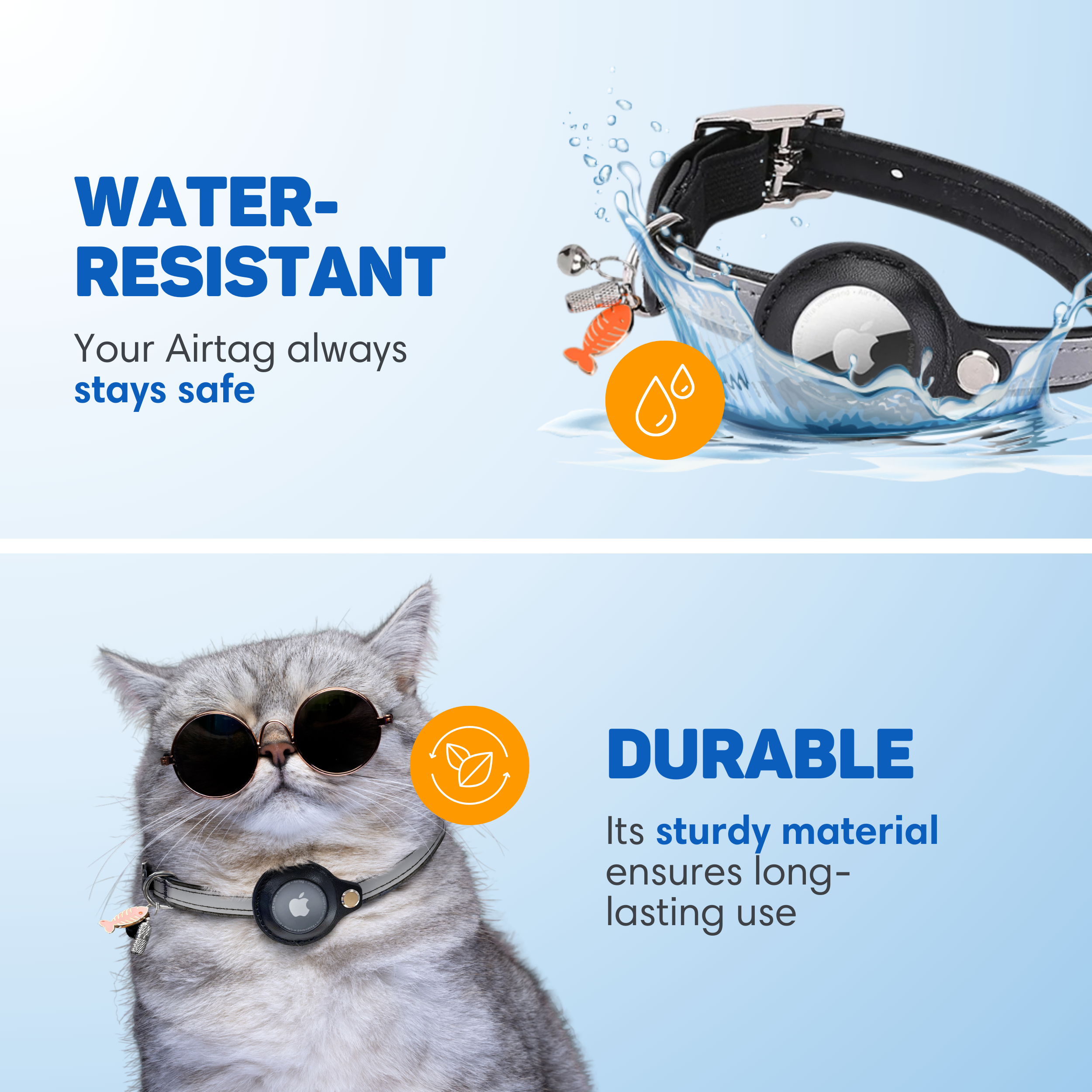 Ein Kater mit Sonnenbrille und AirTag-Halterung, ein Halsband mit Anhänger.