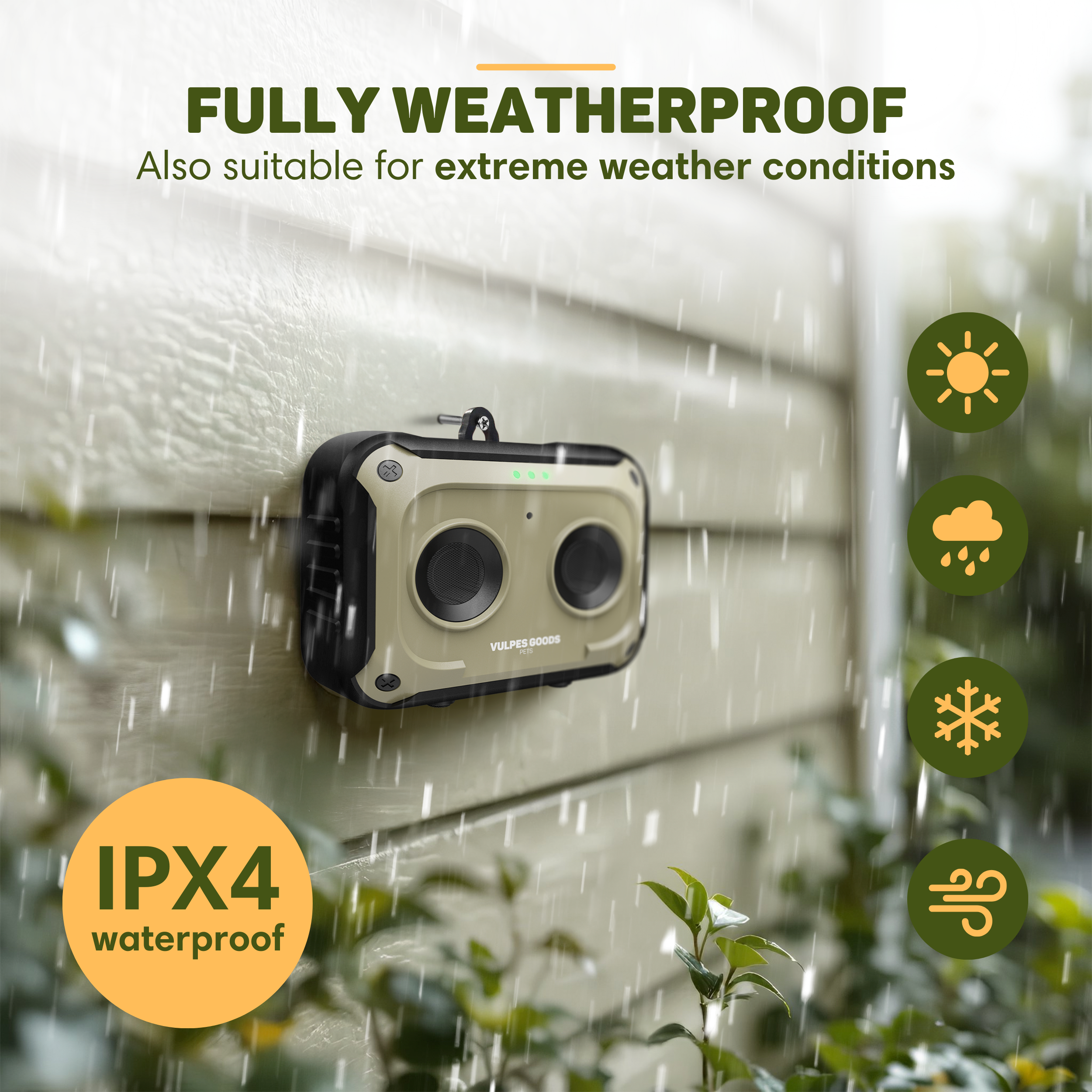 Wetterfestes Gerät mit IPX4-Schutz an einer Hauswand bei Regen.