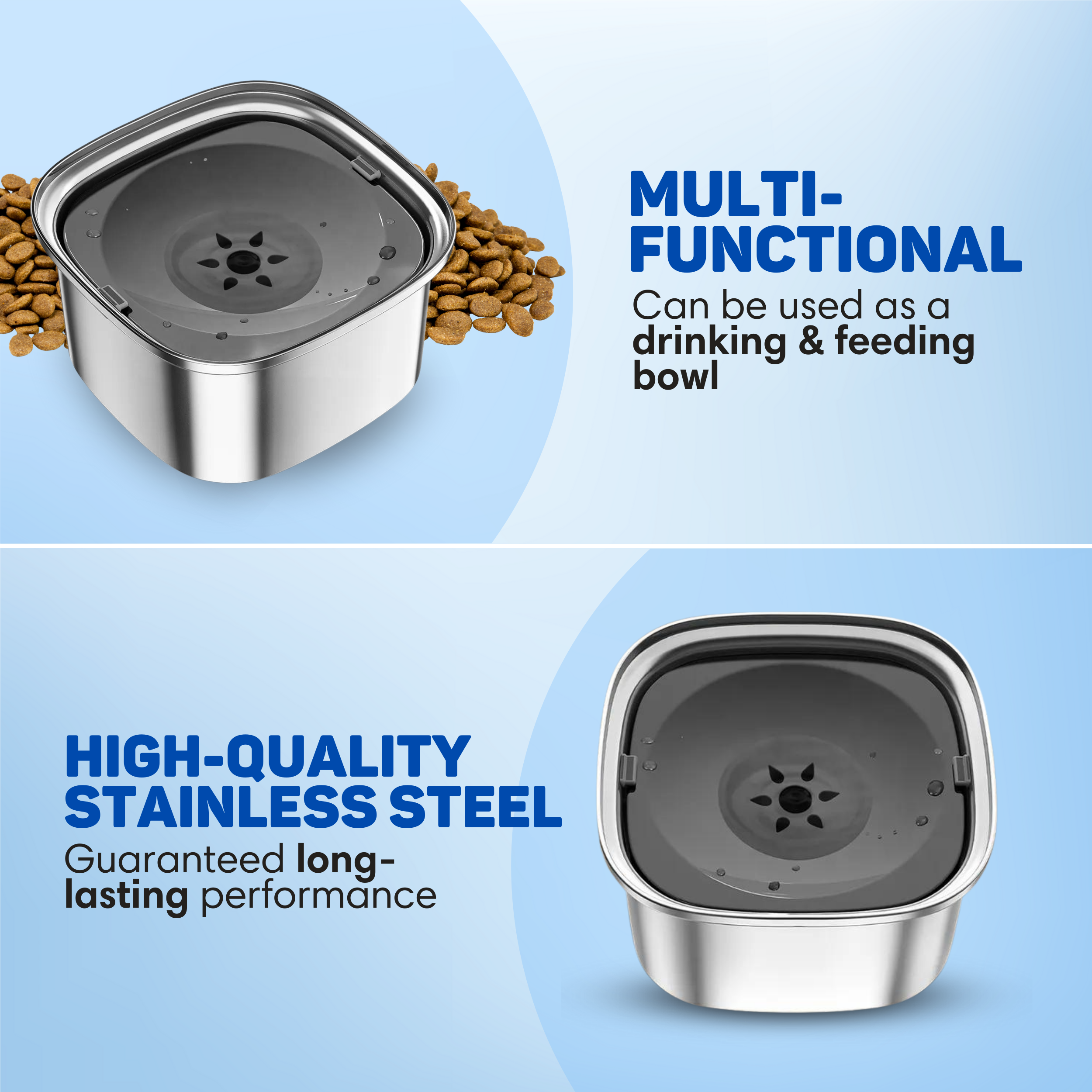 Stainless steel bowl with kibble, multifunctional as a drinking & feeding bowl.
