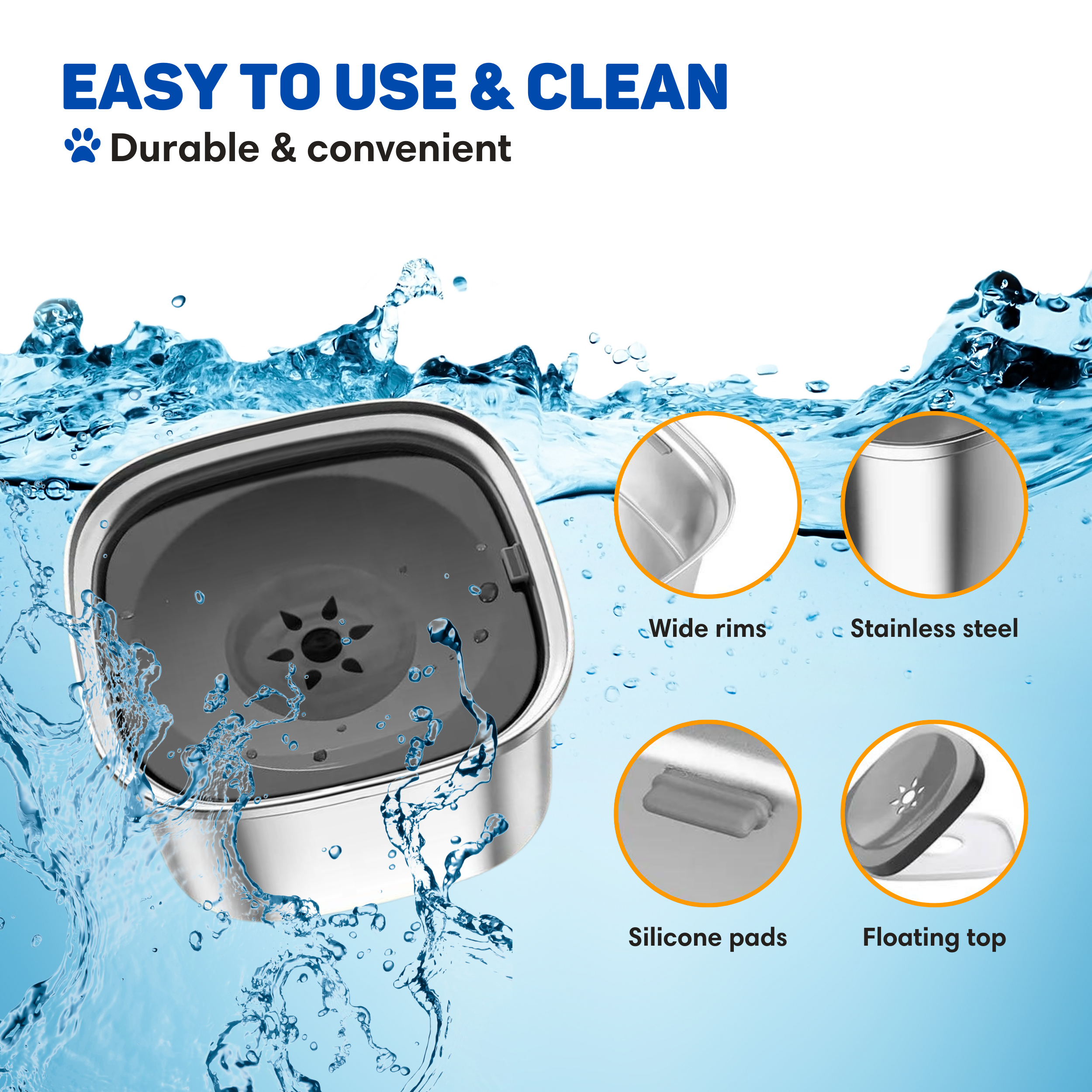 Stainless steel bowl with wide rims and floating top, submerged in water.