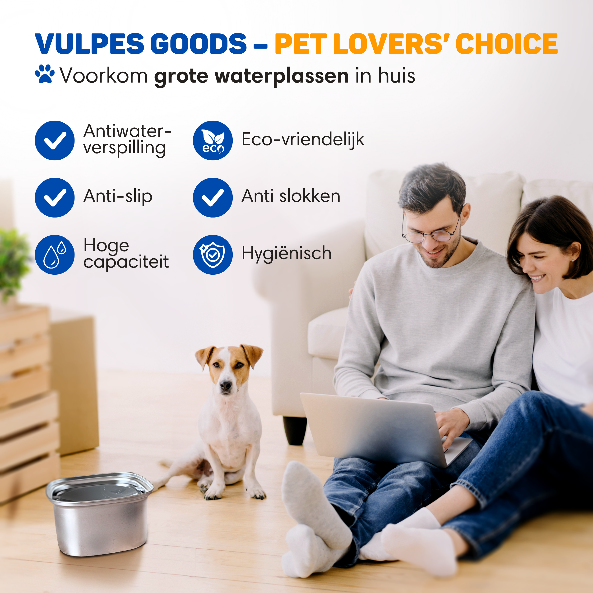 A couple sits on the floor, a dog watches. A pet bowl is in front.