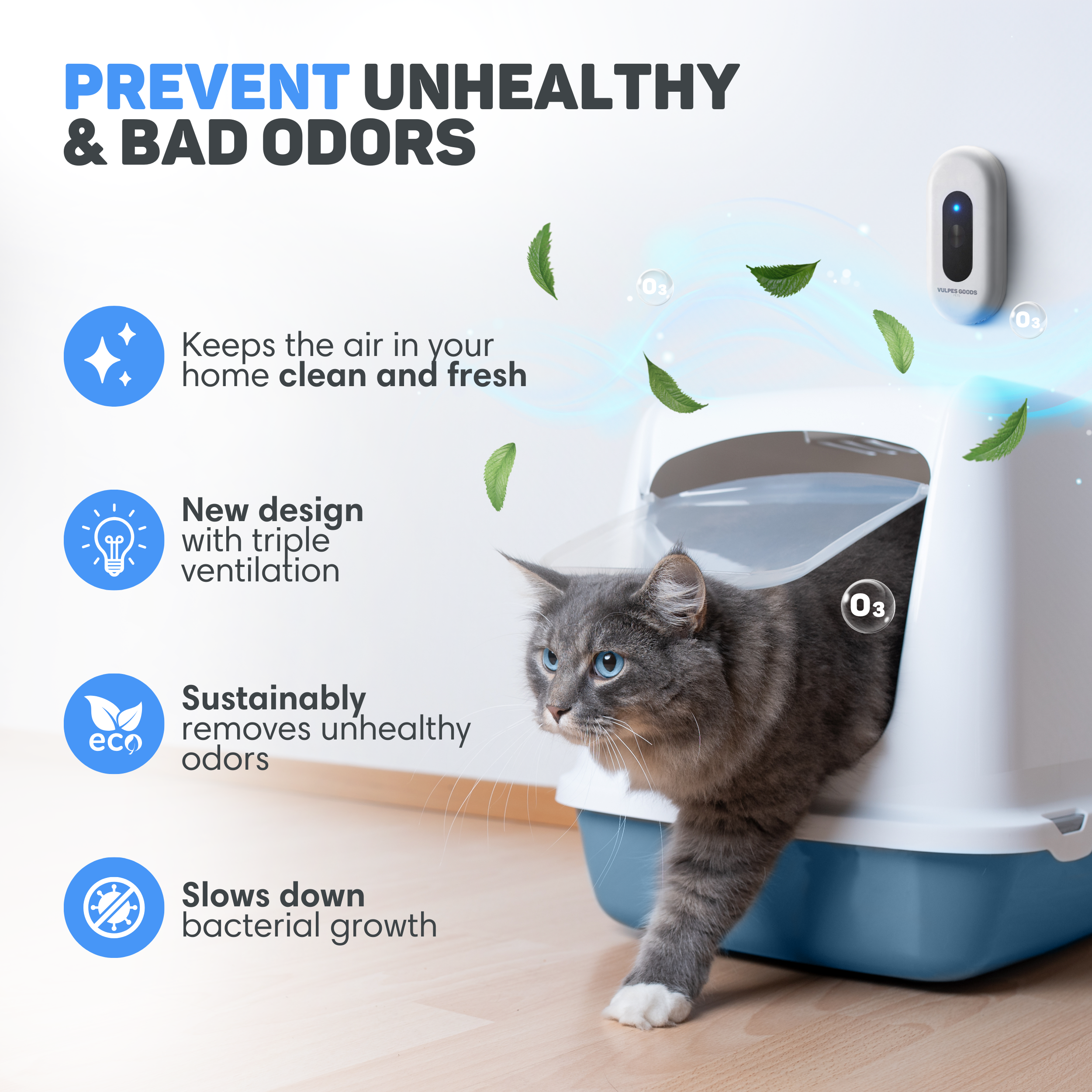 Cat in a blue litter box, with an ozone air purifier and leaves.