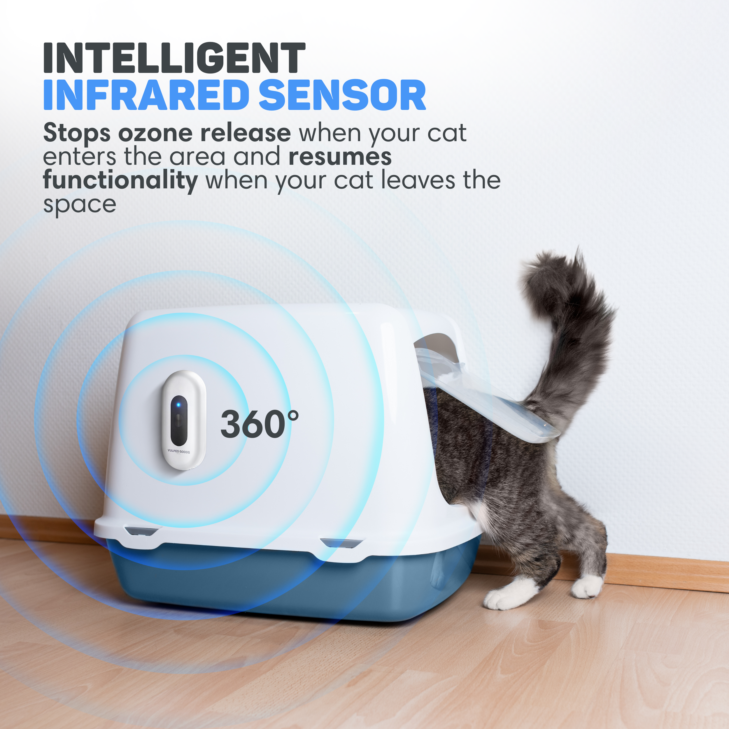 A cat uses an intelligent litter box with an infrared sensor.