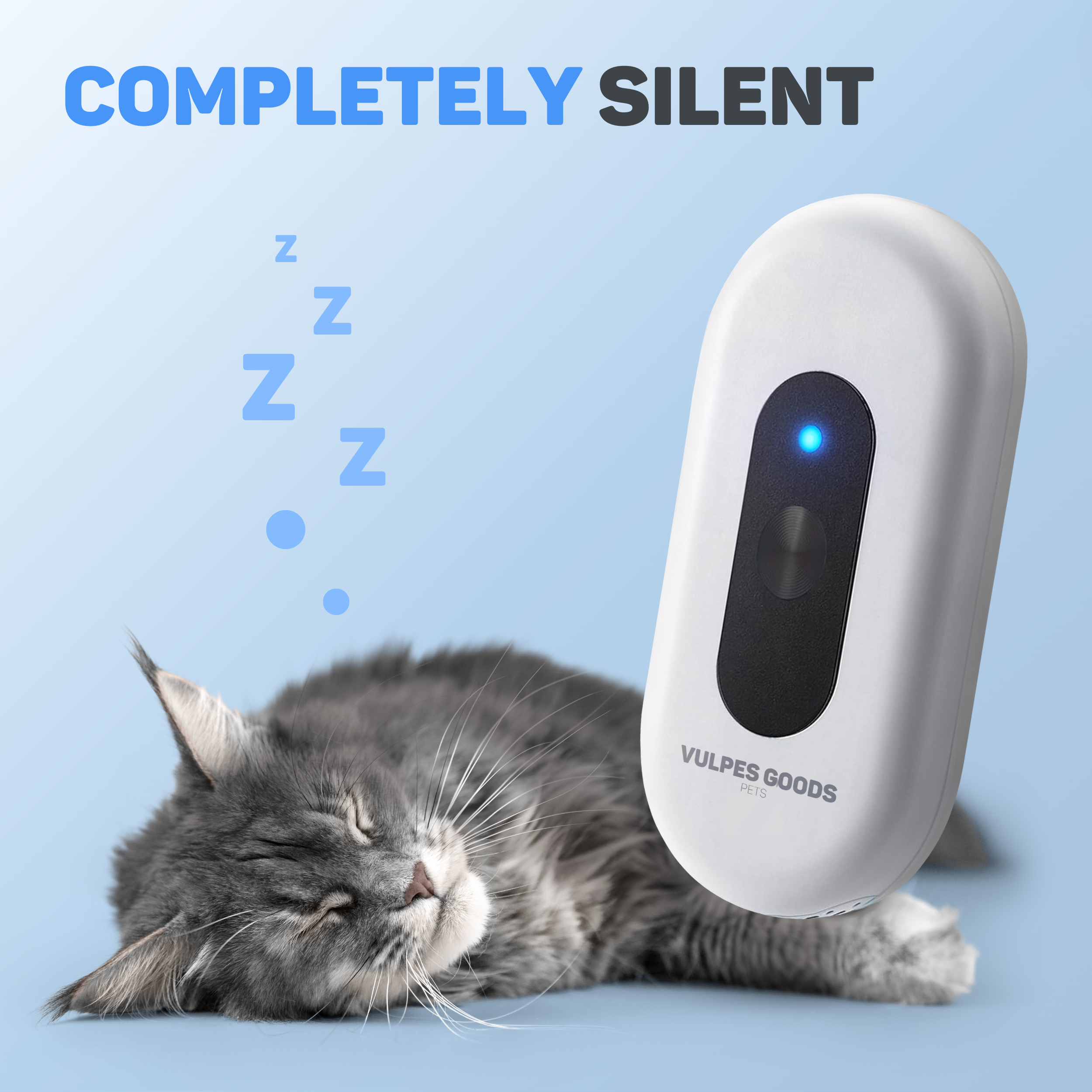 A gray cat sleeps next to a white device with a blue LED.