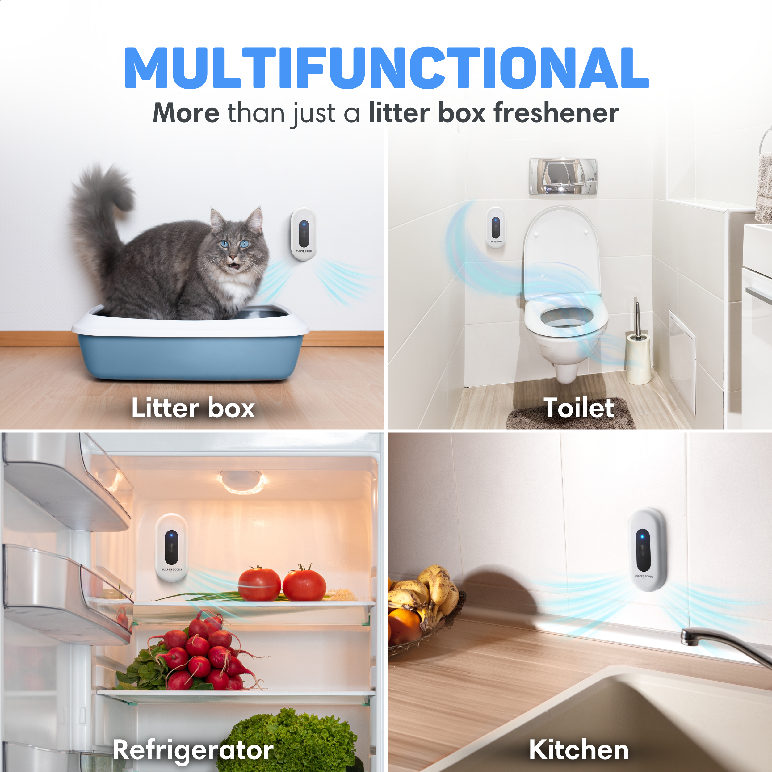 A device for litter box, toilet, refrigerator, and kitchen.