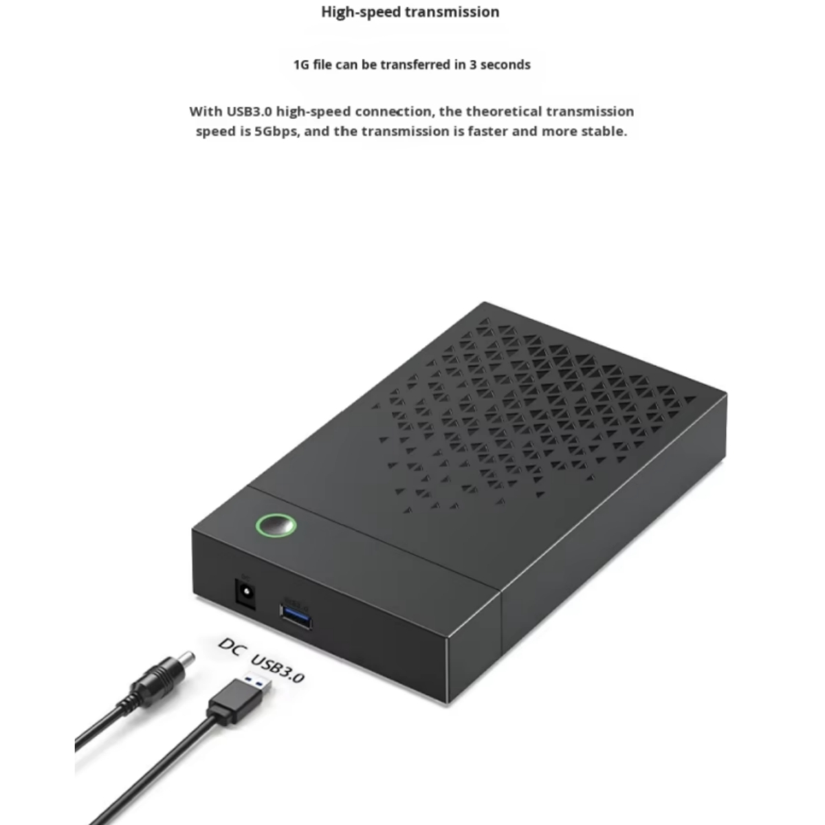 Schwarzes externes Festplattengehäuse mit USB 3.0 und DC-Anschluss.