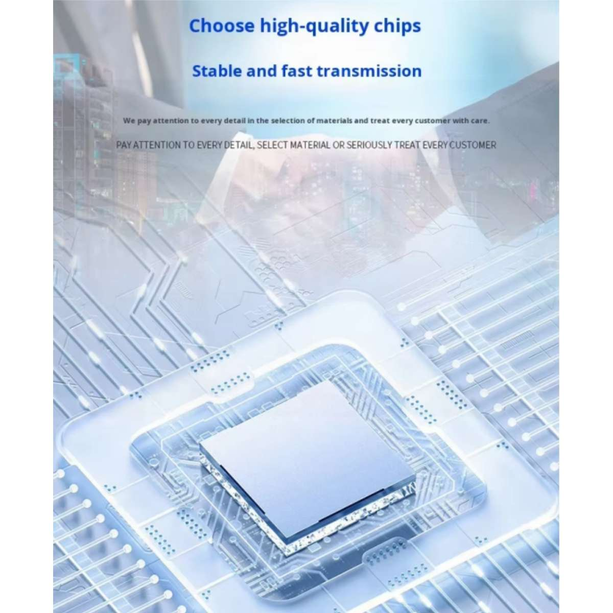 Ein Computerchip auf einer Leiterplatte mit leuchtenden Linien. 
