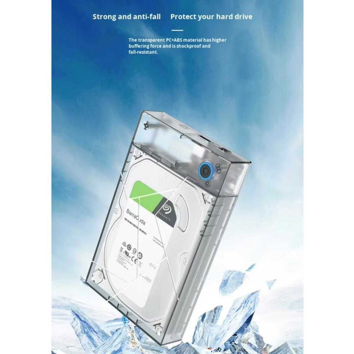 Transparente Festplattenschutzhülle mit Seagate Barracuda HDD.