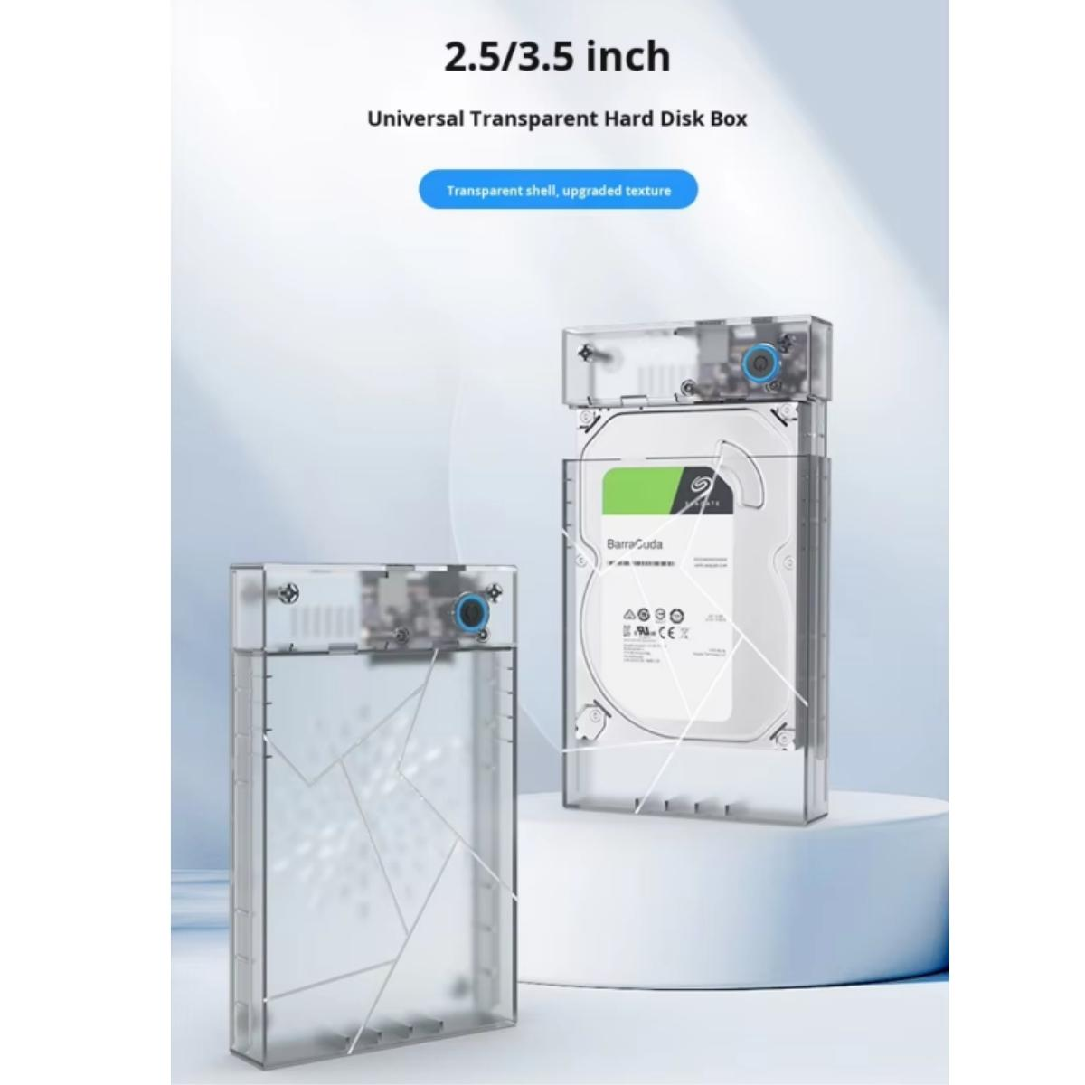 Zwei transparente Festplattengehäuse, eines mit Festplatte.
