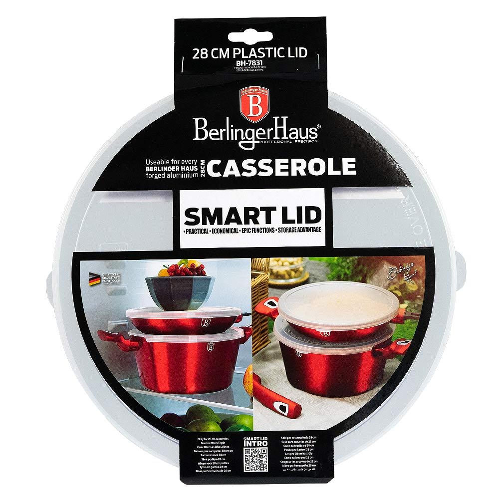 28cm Kasserolle mit Smart Lid von Berlinger Haus, rot, mit Früchten und anderem Kochgeschirr.