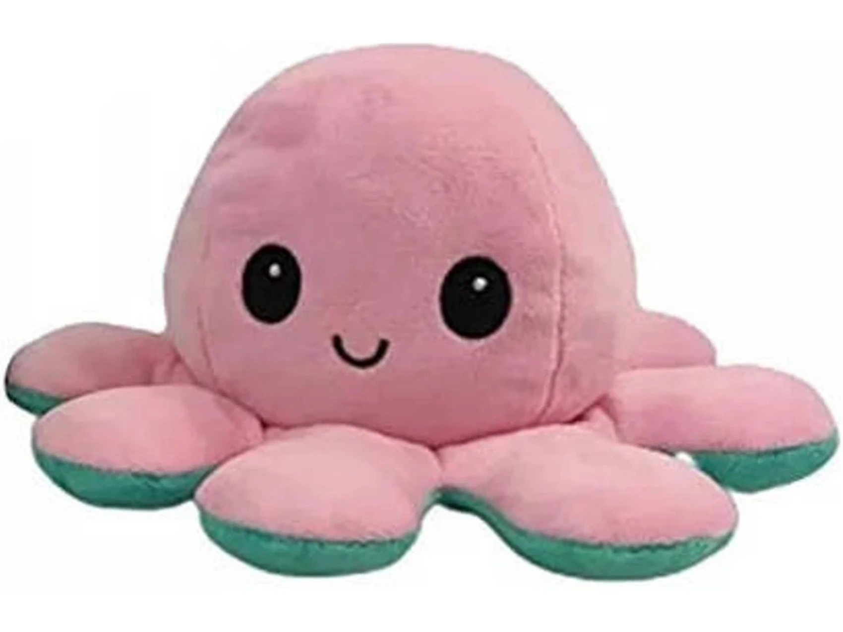 Ein flauschiges, pinkes Oktopus-Plüschtier mit grünen Füßen und einem lächelnden Gesicht.