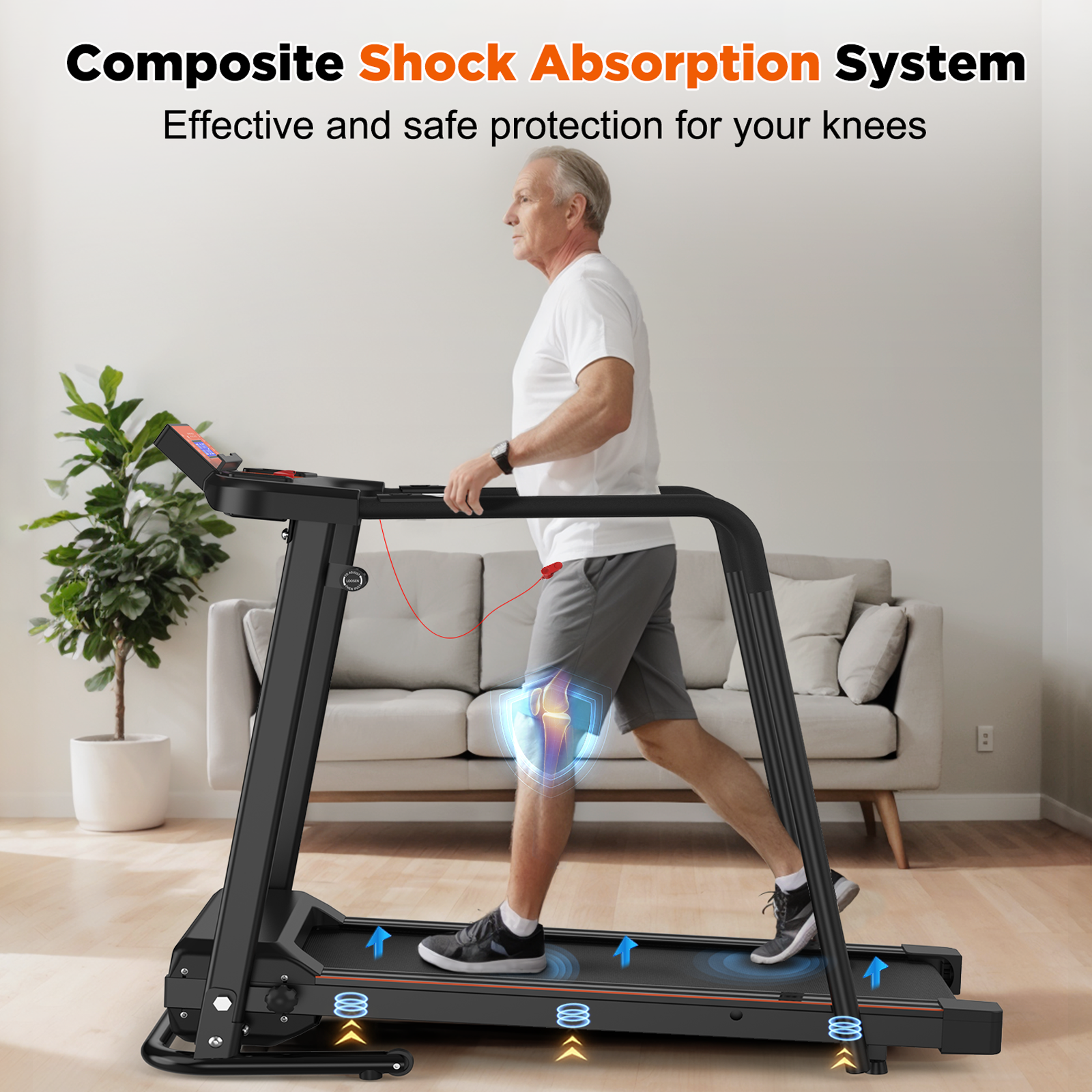 Man on treadmill with knee protection graphic.