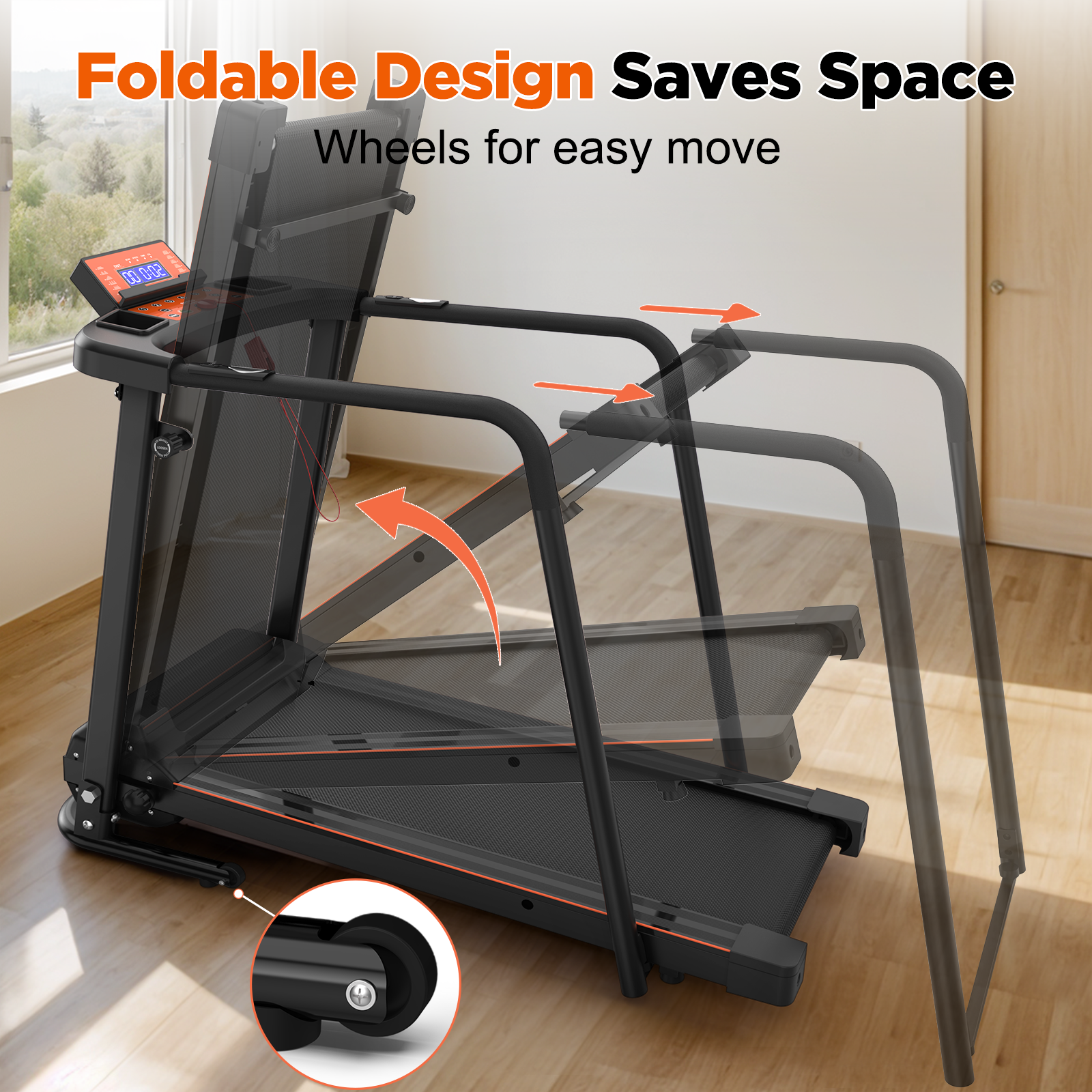Black treadmill with orange accents, foldable design, with wheels for easy movement.