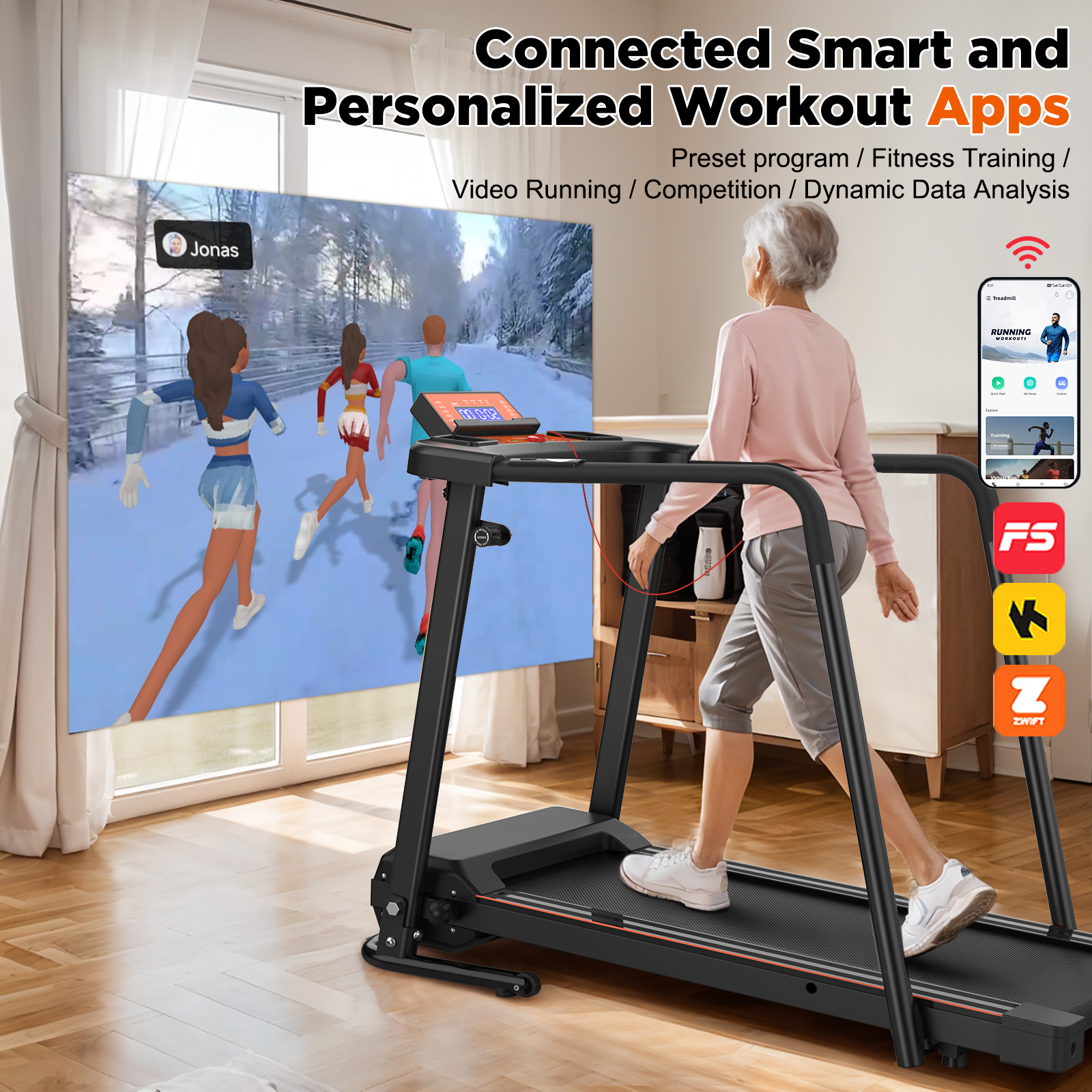 Elderly woman on treadmill in front of screen showing animated runners.