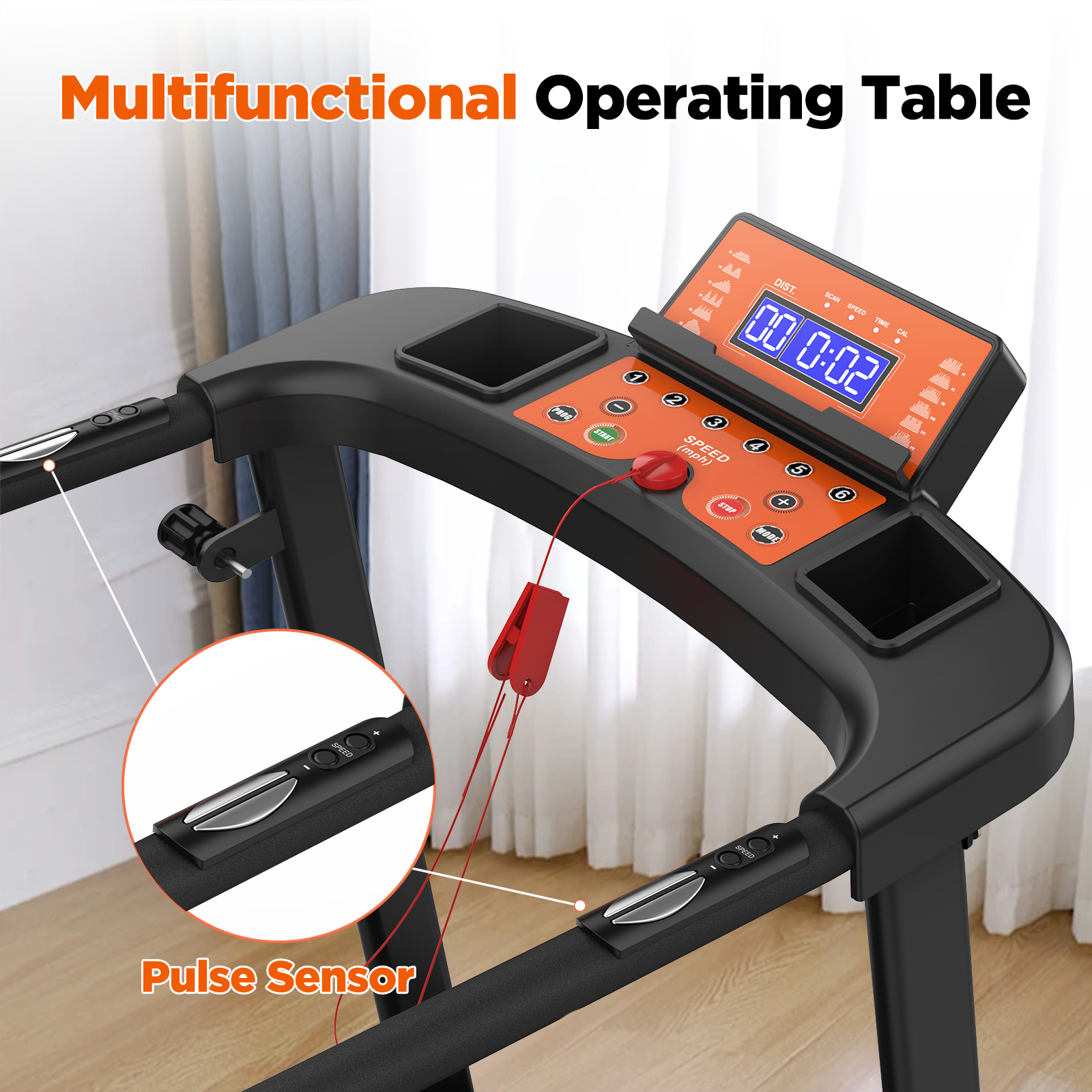 Treadmill console with digital display, buttons, and pulse sensor.