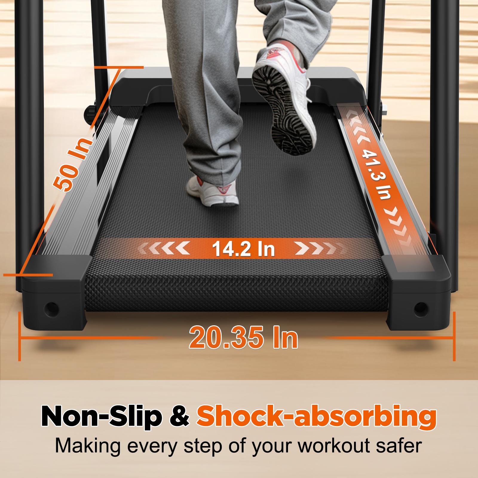 Person on treadmill; dimensions: 50 in, 14.2 in, 41.3 in, 20.35 in. Non-slip & shock-absorbing.