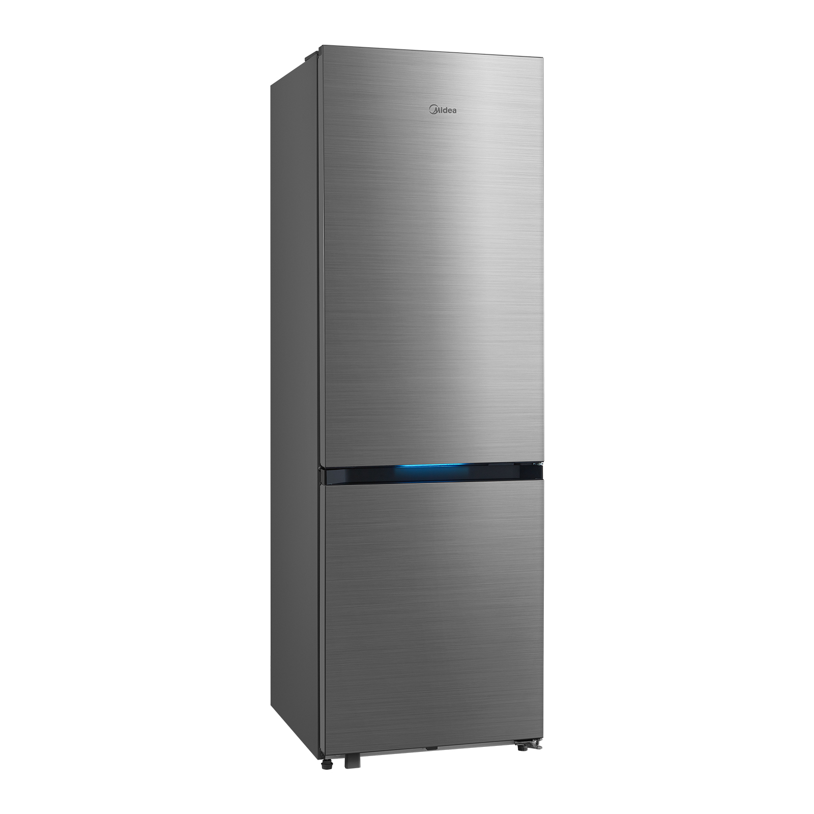 Ein schlanker, silberner Kühlschrank mit zwei Türen und einem blauen Lichtstreifen.