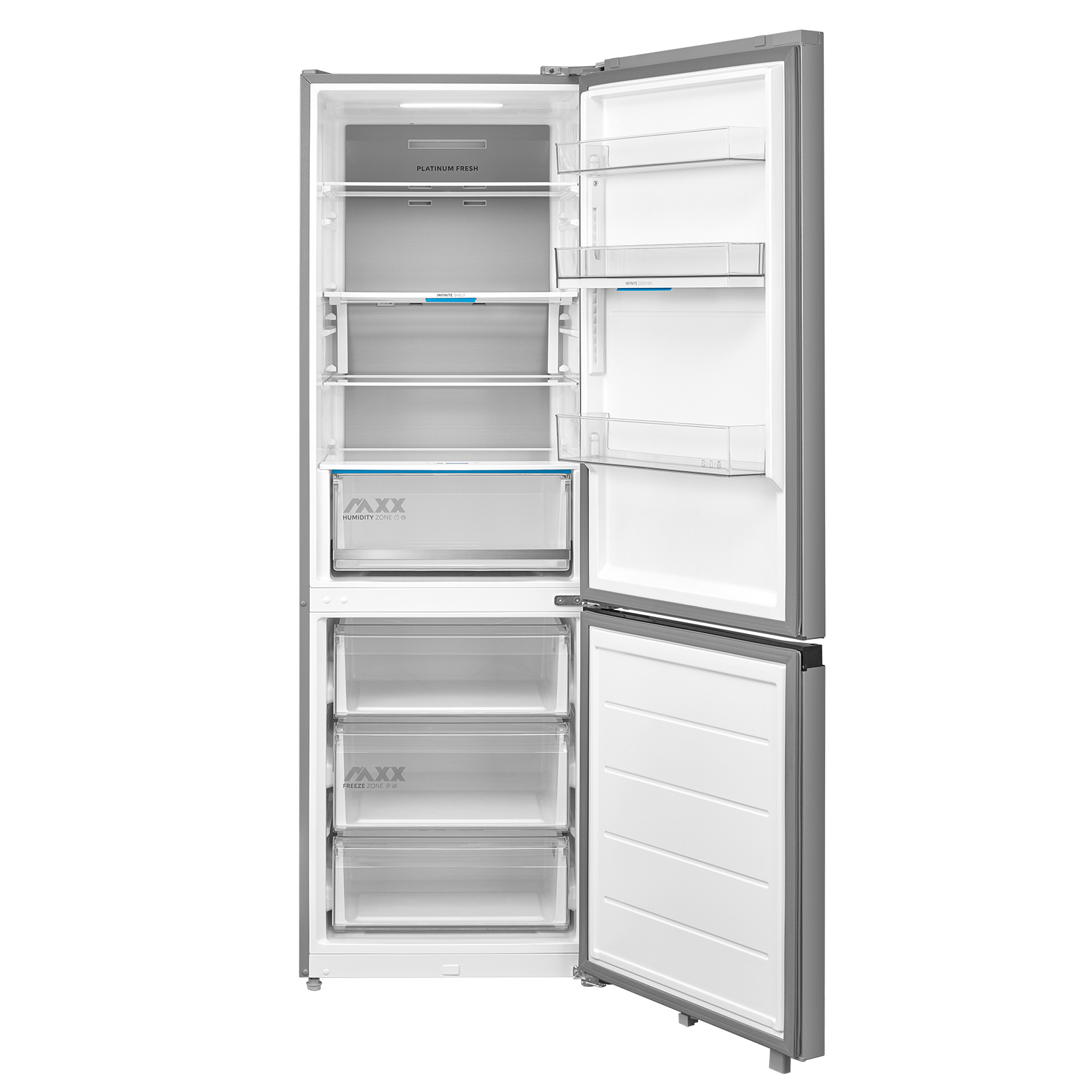 Ein offener Kühlschrank mit silbernen Regalen, Schubladen und Türfächern.