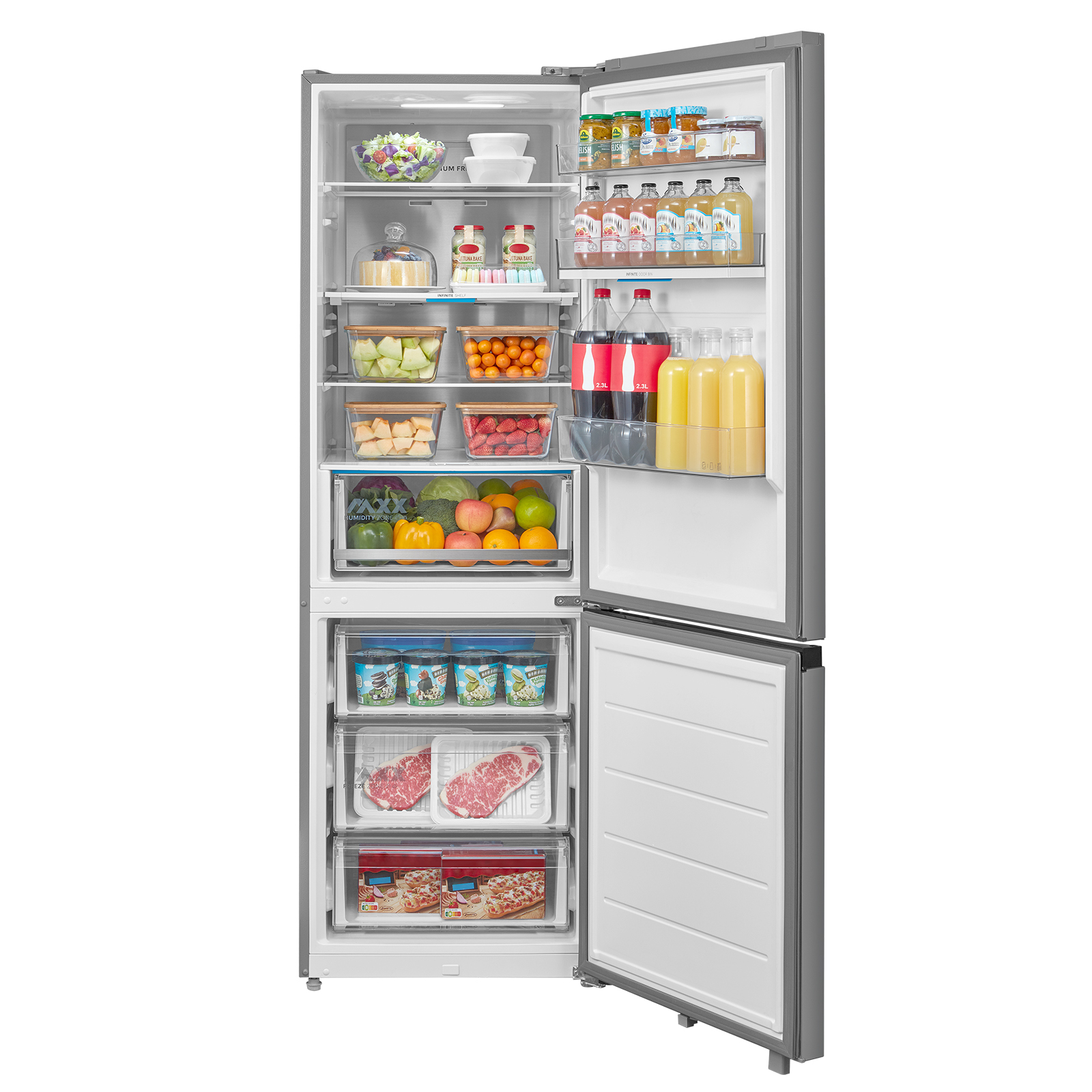 Offener Kühlschrank mit Lebensmitteln: Salat, Kuchen, Obst, Gemüse, Getränke, Eis und Fleisch.