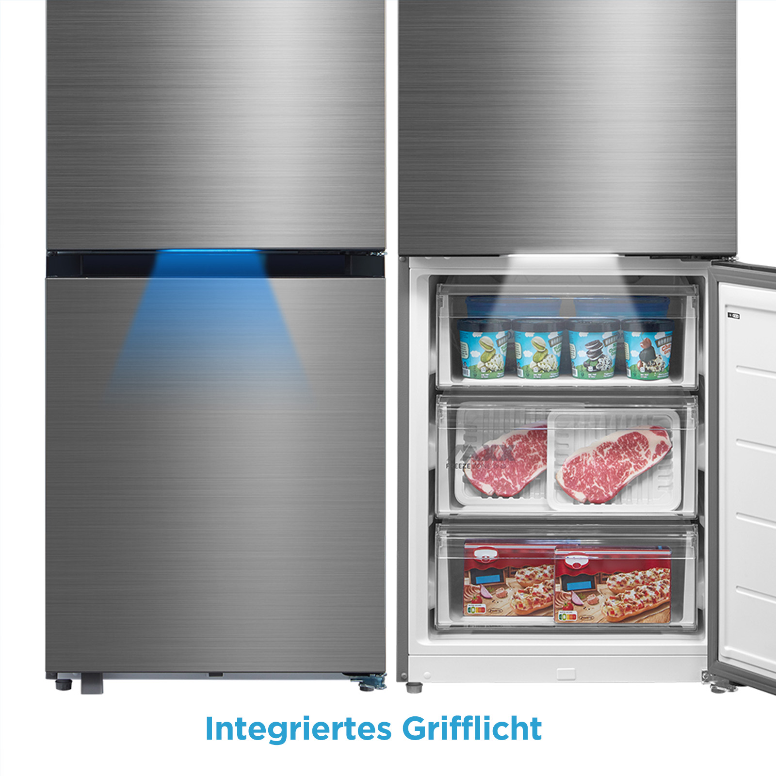 Ein Kühlschrank mit Edelstahlfront. Eine Seite zeigt die geschlossene Tür mit blauem Lichtstrahl.