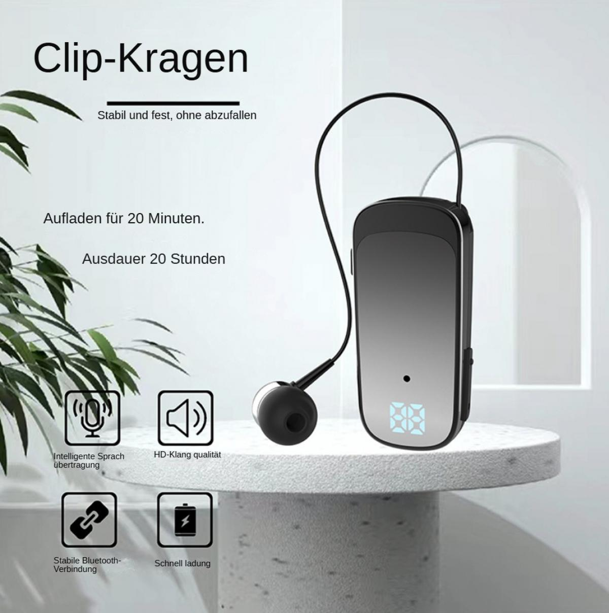 Ein schwarzer Clip-On-Kopfhörer mit Ohrstöpsel und Kabel auf einem Steinsockel.