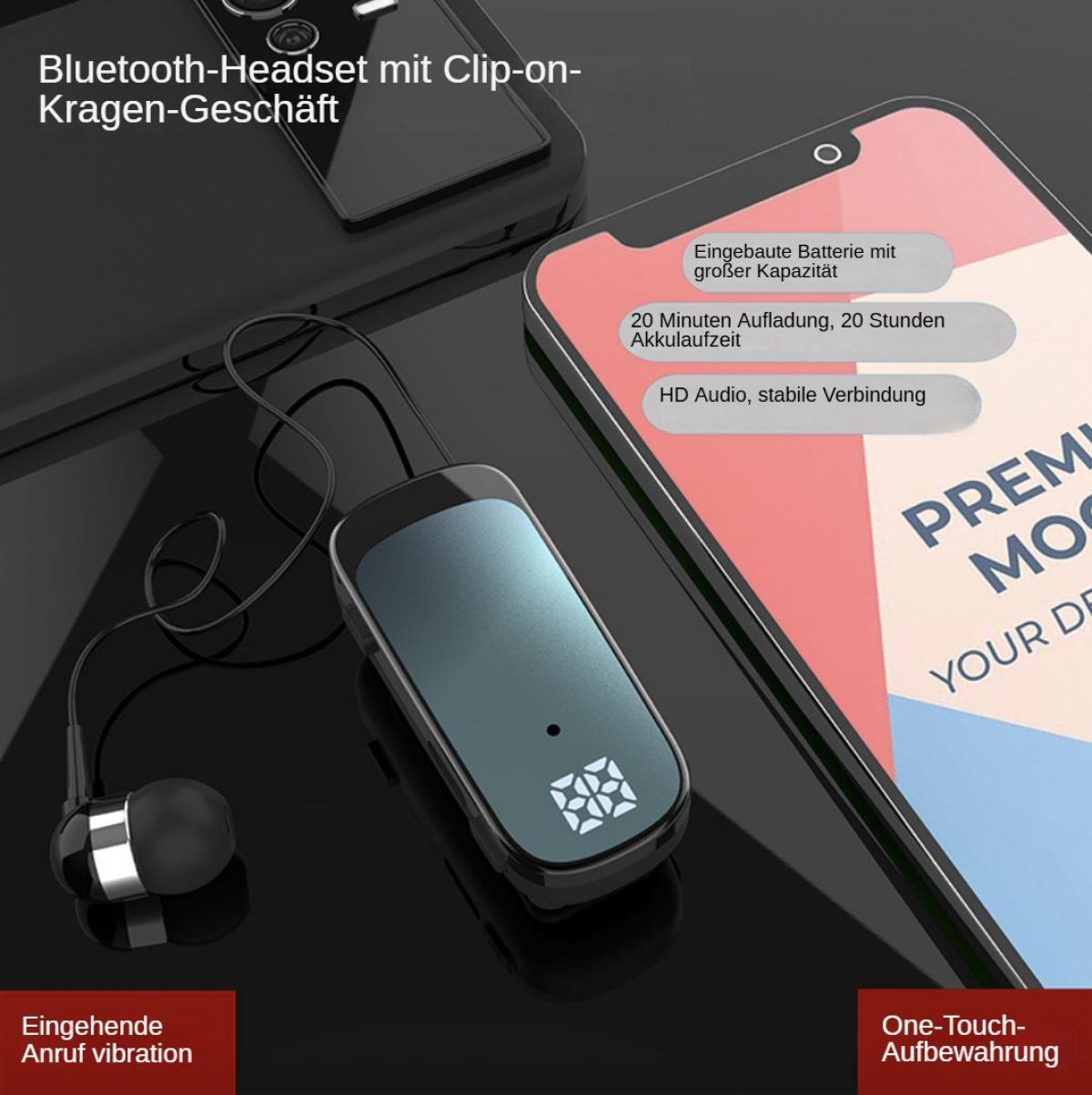 Ein schwarzes Bluetooth-Headset mit Ohrstöpseln und einem Clip. Ein Smartphone im Hintergrund.