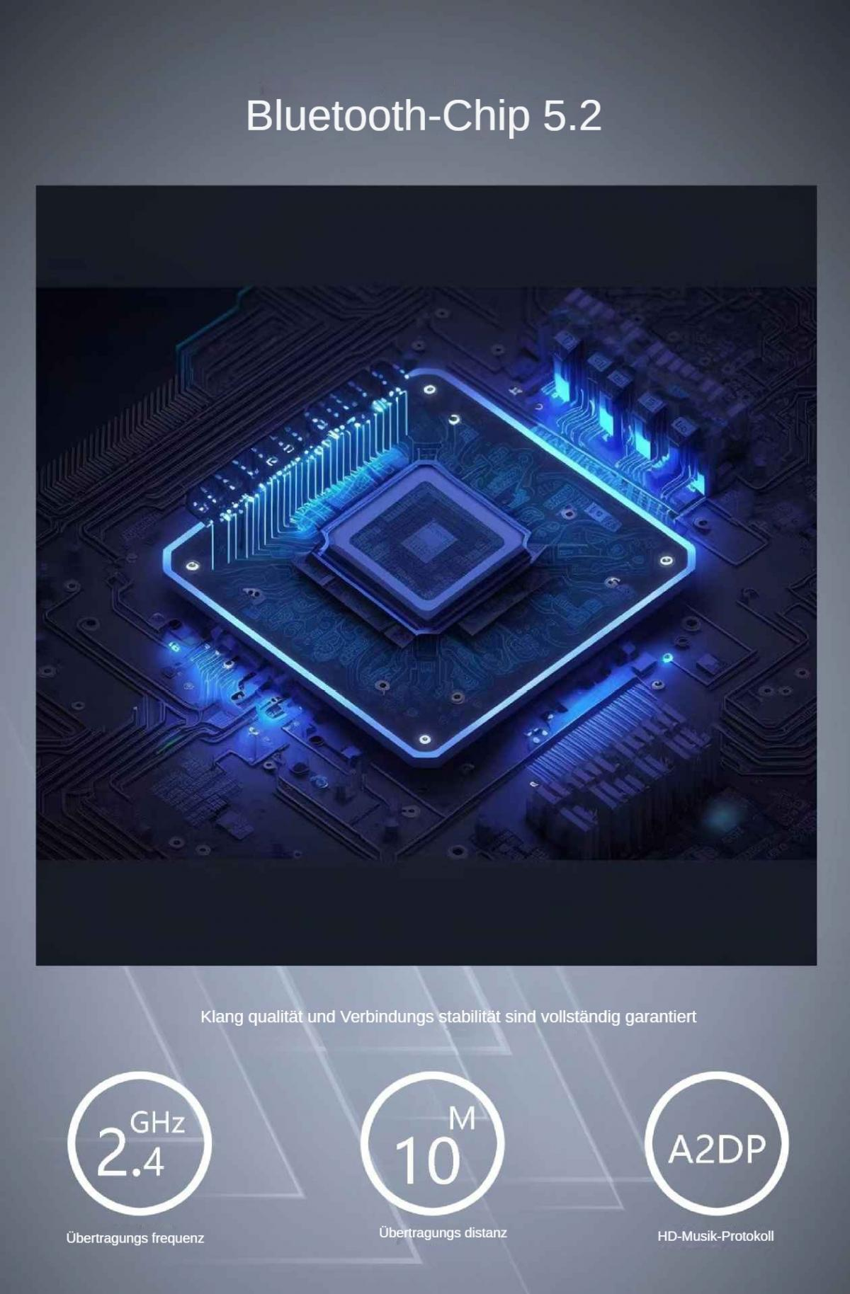 Blauer Bluetooth-Chip 5.2 auf einer Leiterplatte mit Spezifikationen.