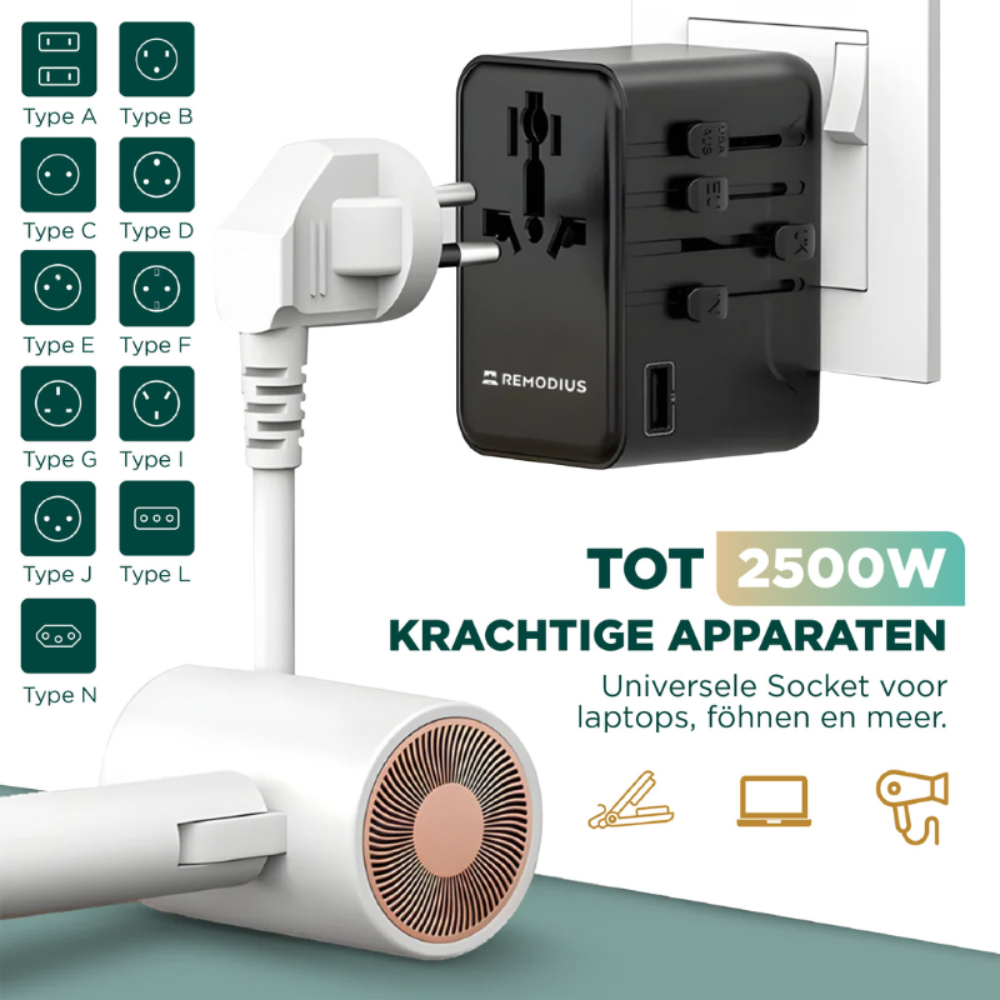 Travel adapter with multiple sockets and a hairdryer.