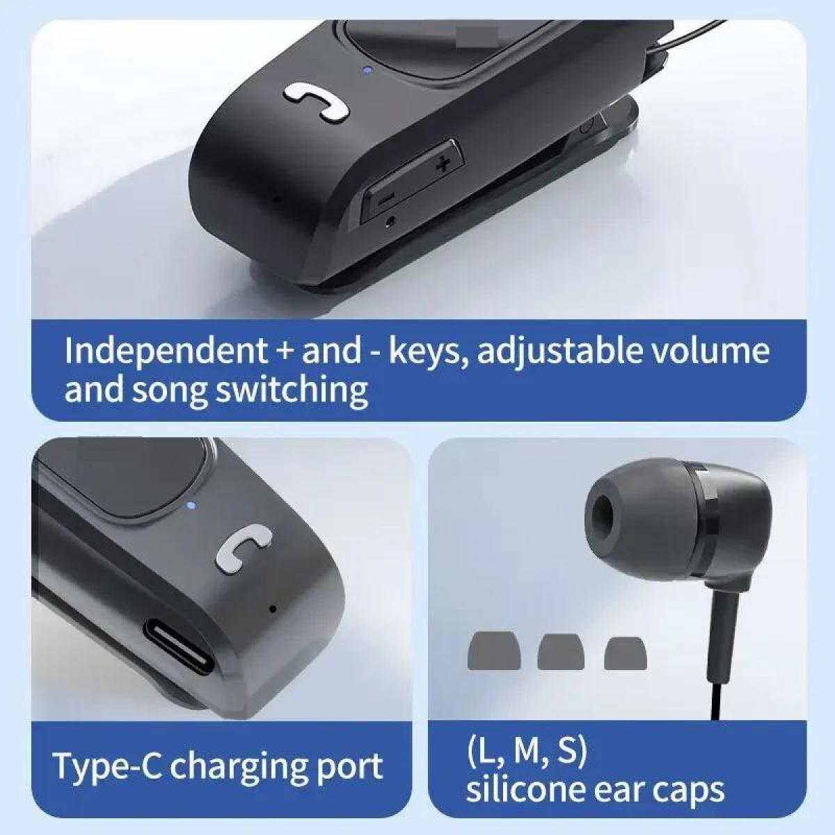 Schwarzes Bluetooth-Gerät mit Tasten, Ladeanschluss und Ohrhörern.