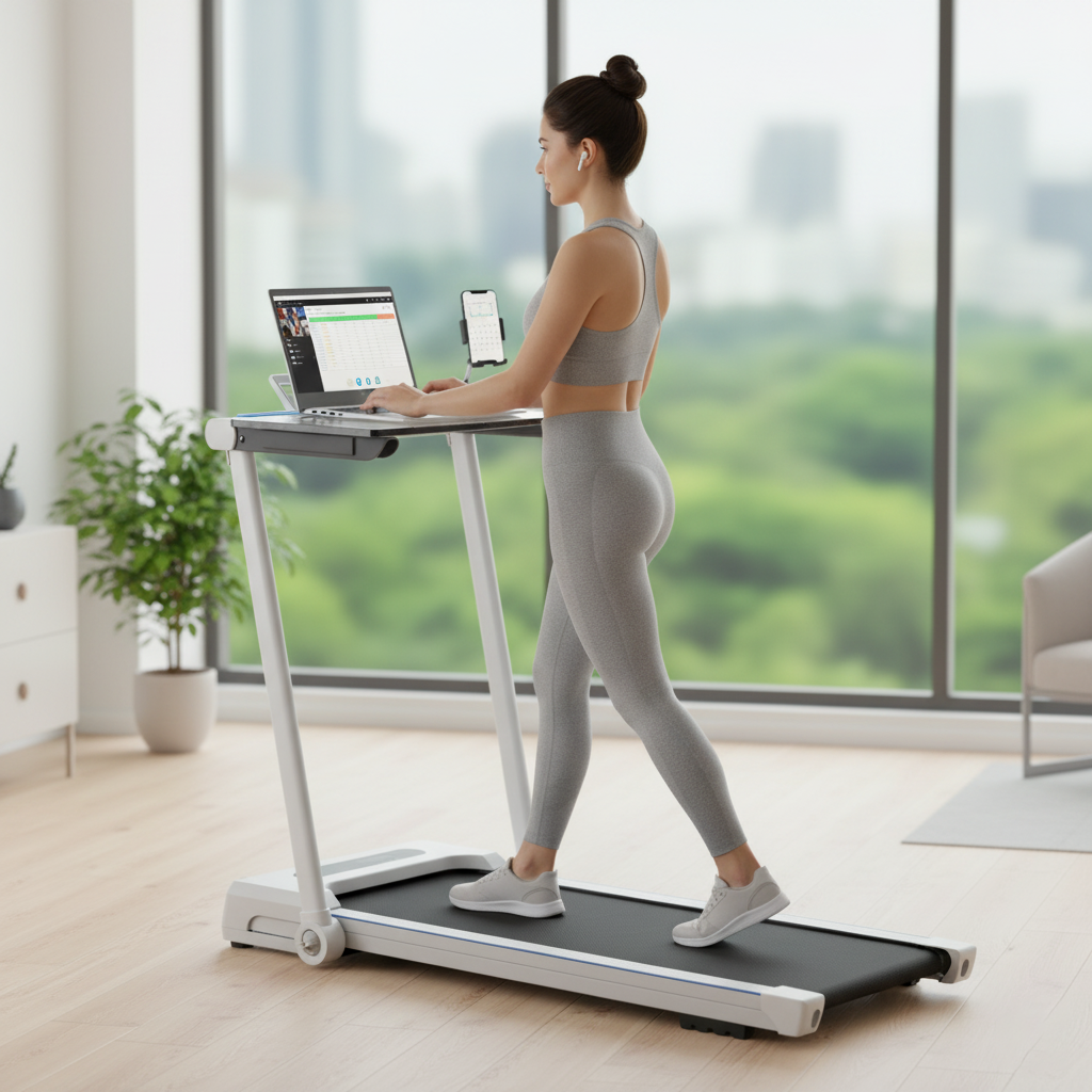 Eine Frau in Sportkleidung geht auf einem Laufband und benutzt einen Laptop.