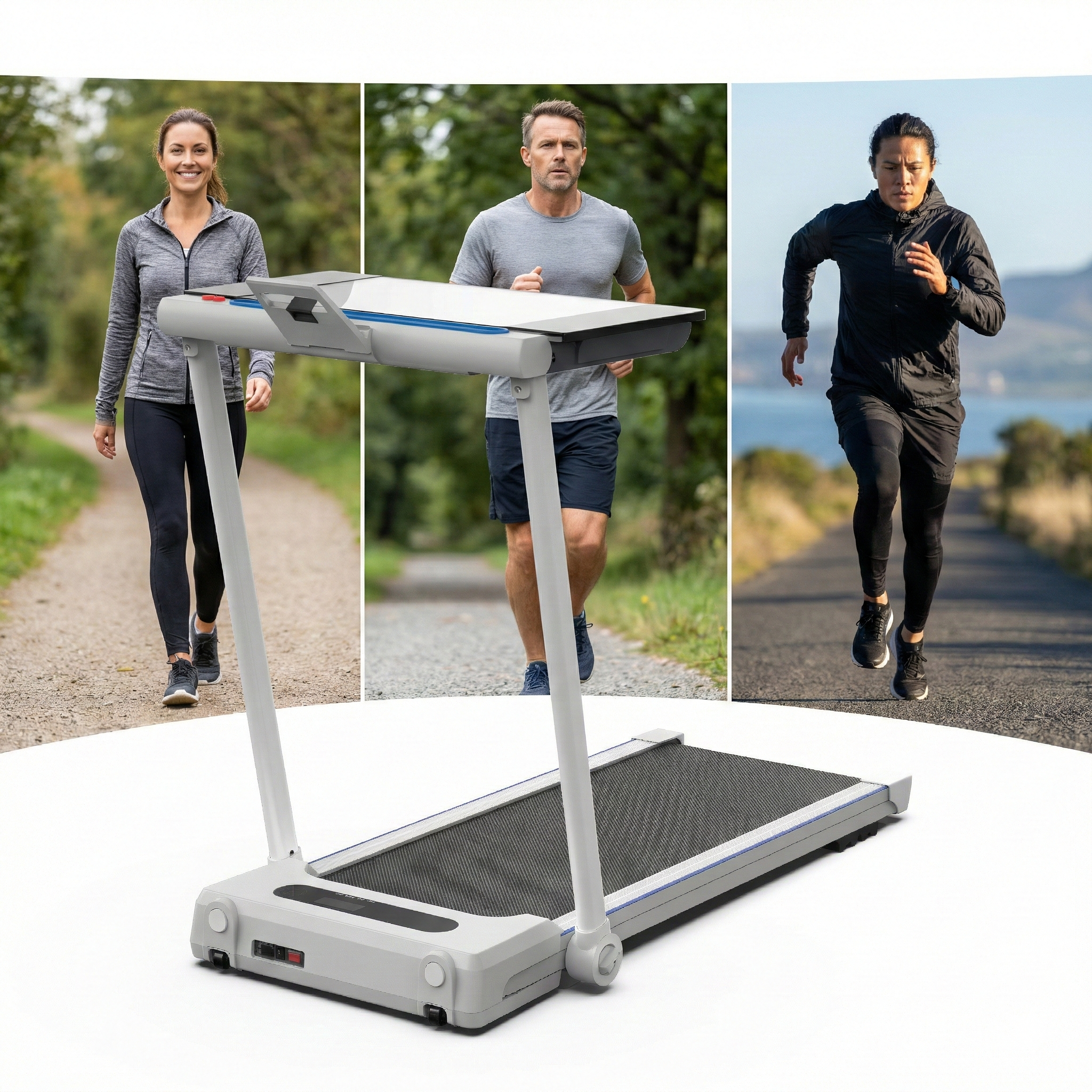 Ein Laufband mit drei Personen, die draußen trainieren: Frau geht, Mann läuft, Frau läuft.