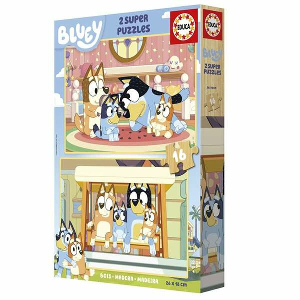 Bluey-Puzzles: Familie auf Schaukel & im Wohnzimmer. 2 Spiele, 16 Teile.