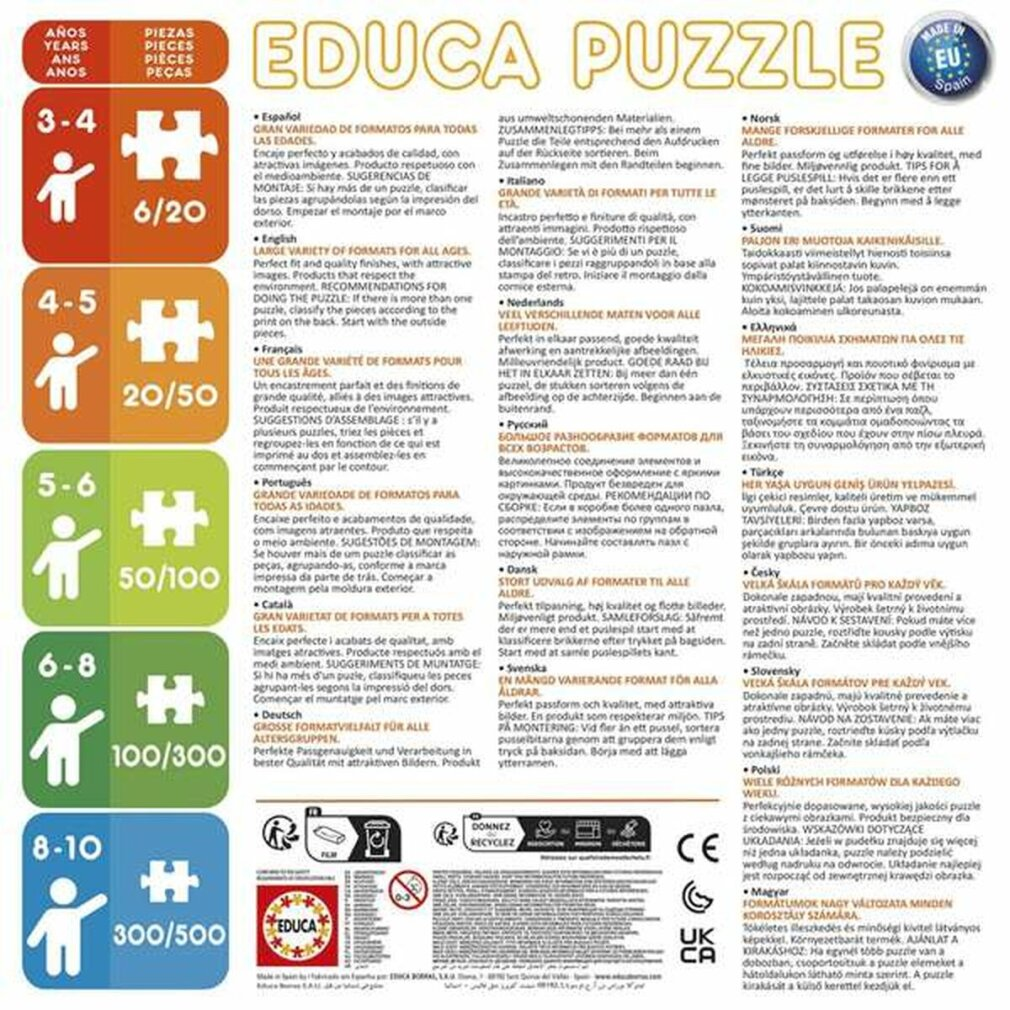 Educa Puzzle: Altersstufen 3-4, 4-5, 5-6, 6-8, 8-10 mit Stückzahlen.