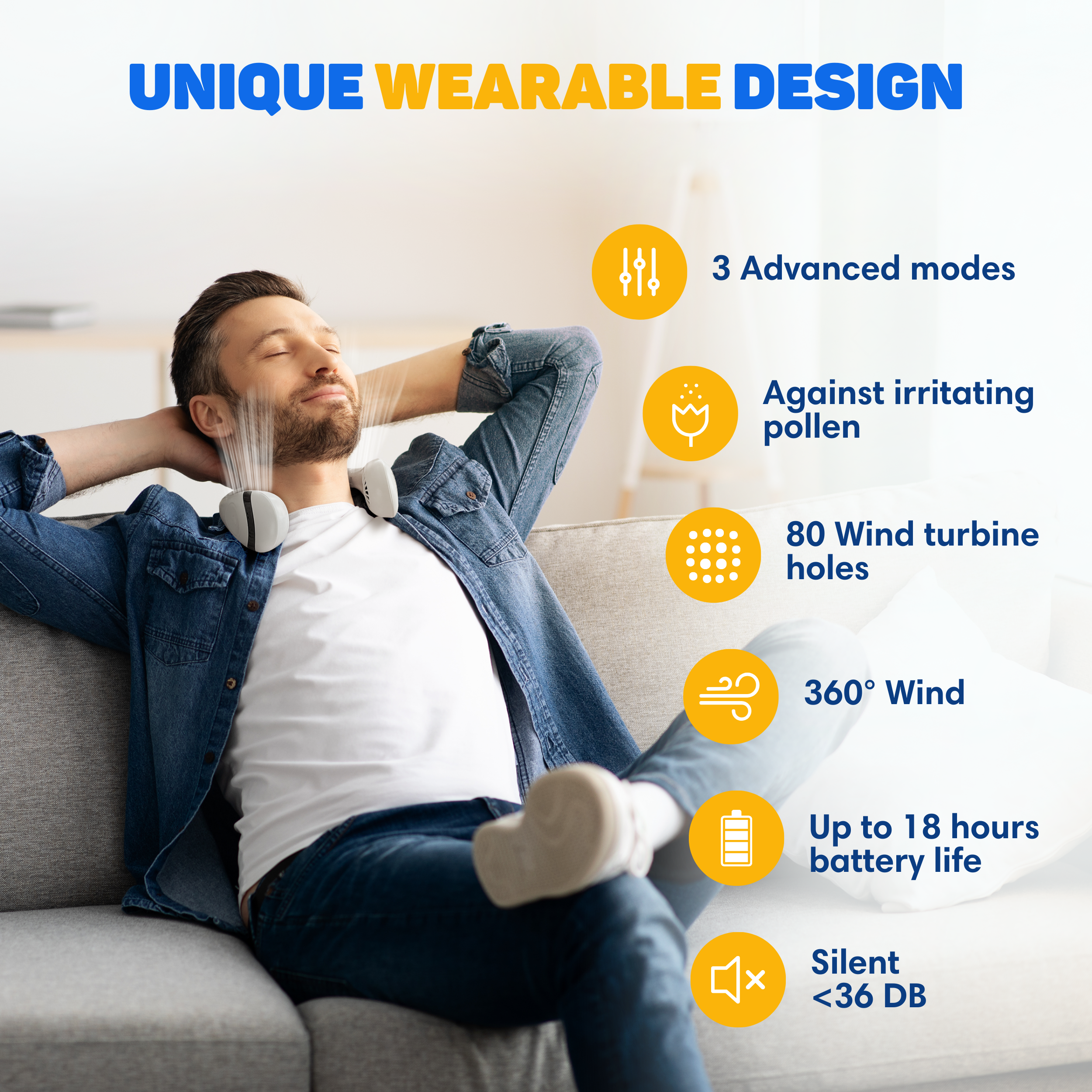 Mann entspannt sich auf Sofa, trägt Halslüfter mit 3 Modi, gegen Pollen, 360° Wind.