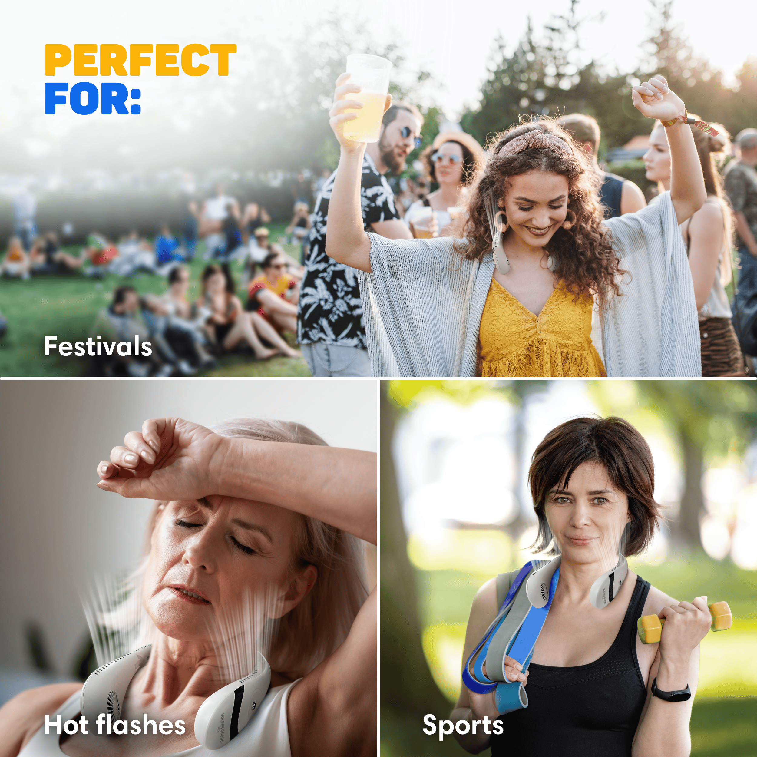 Vier Bilder: Festival, Hitzewallungen, Sport mit Nackenfans.