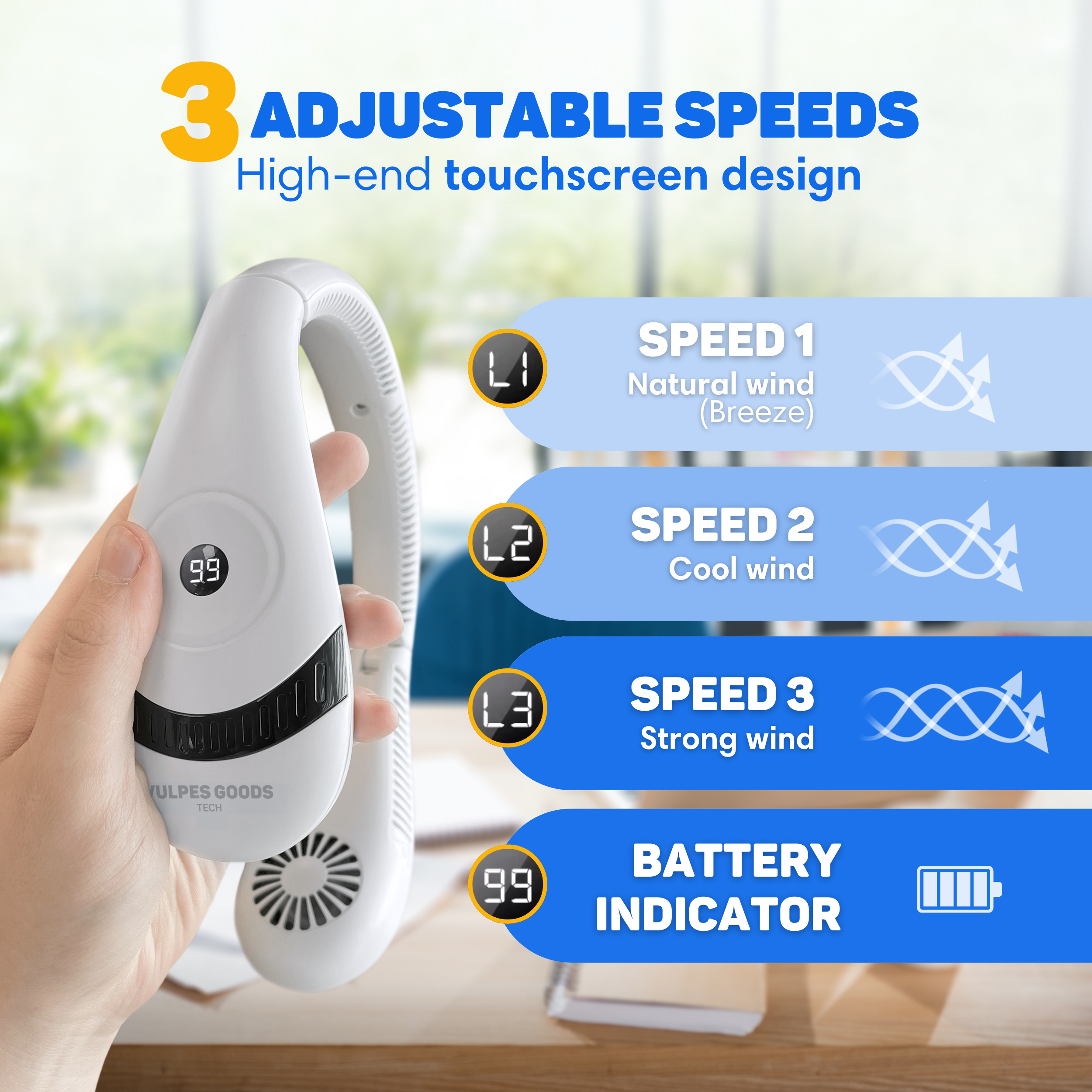 Ein weißer Nackenventilator mit digitaler Anzeige wird gehalten. 3 Geschwindigkeiten.