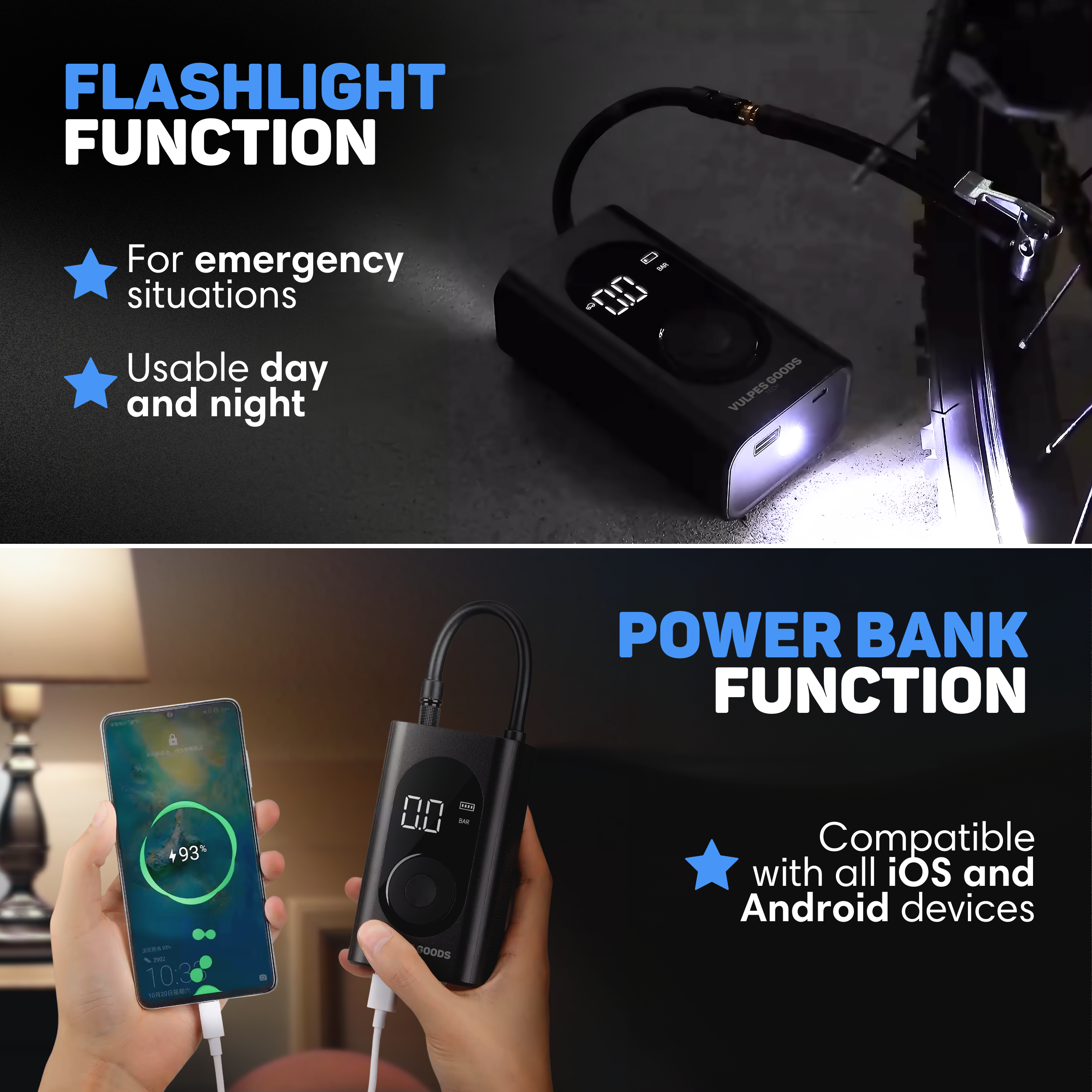 Ein tragbarer Kompressor mit Taschenlampen- und Powerbank-Funktion.