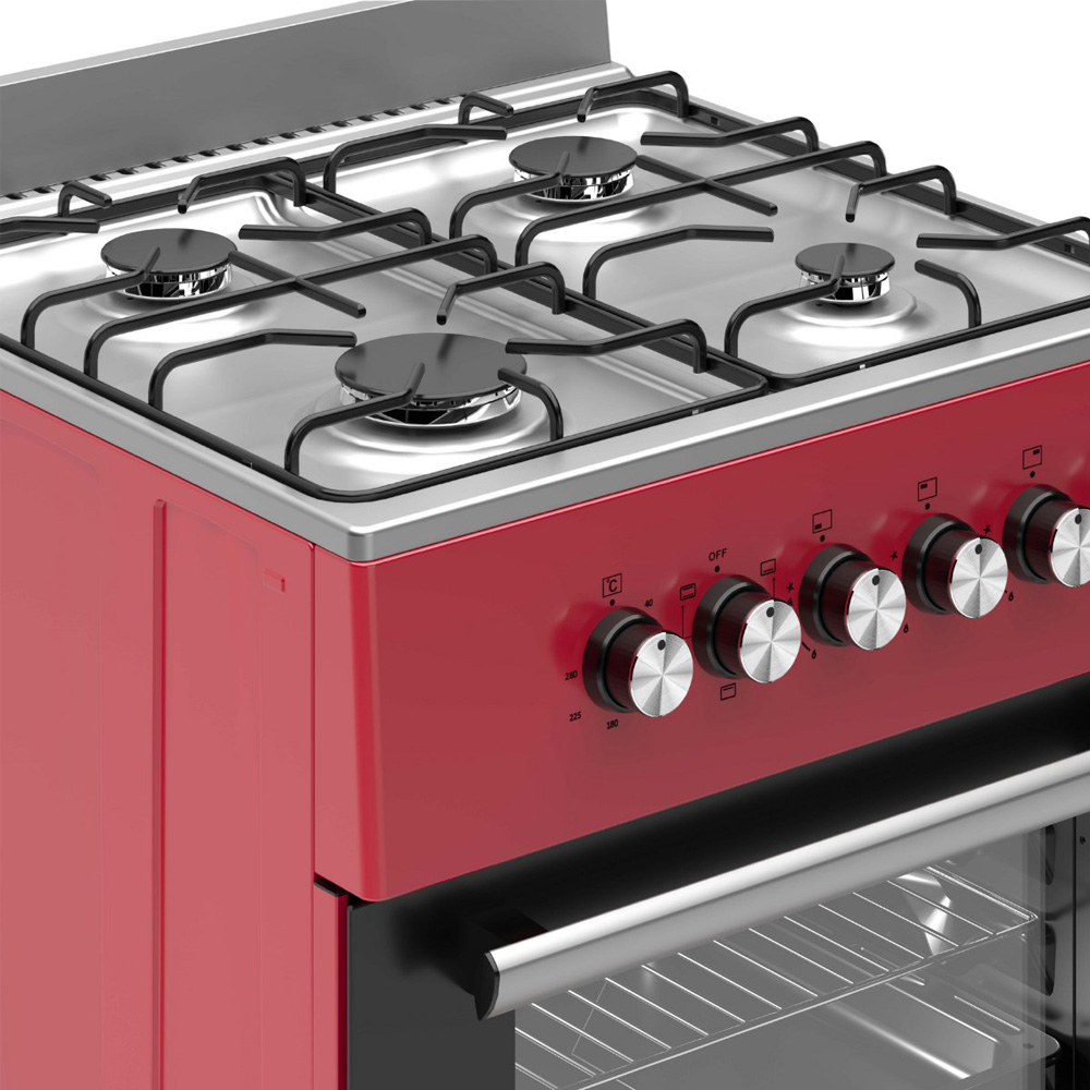 A red gas stove with four burners, a silver top, and control knobs.