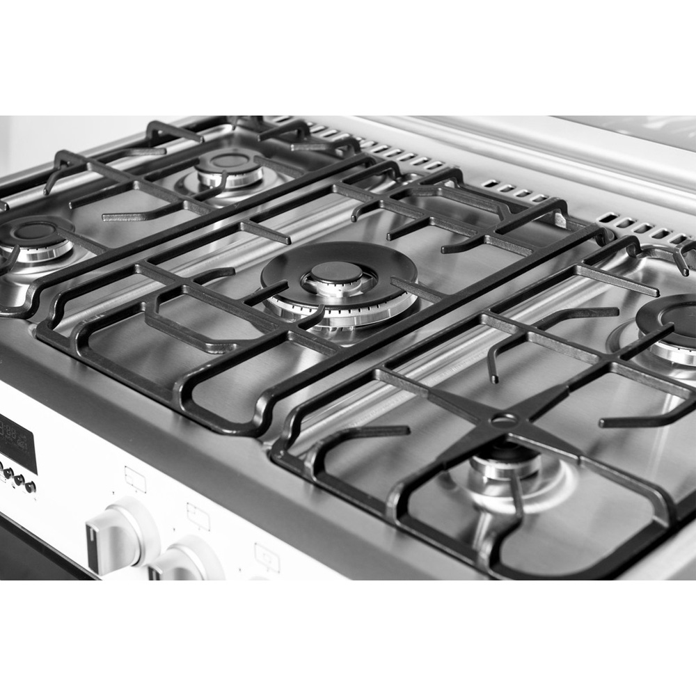 Stainless steel gas stove with four burners and cast iron grates.