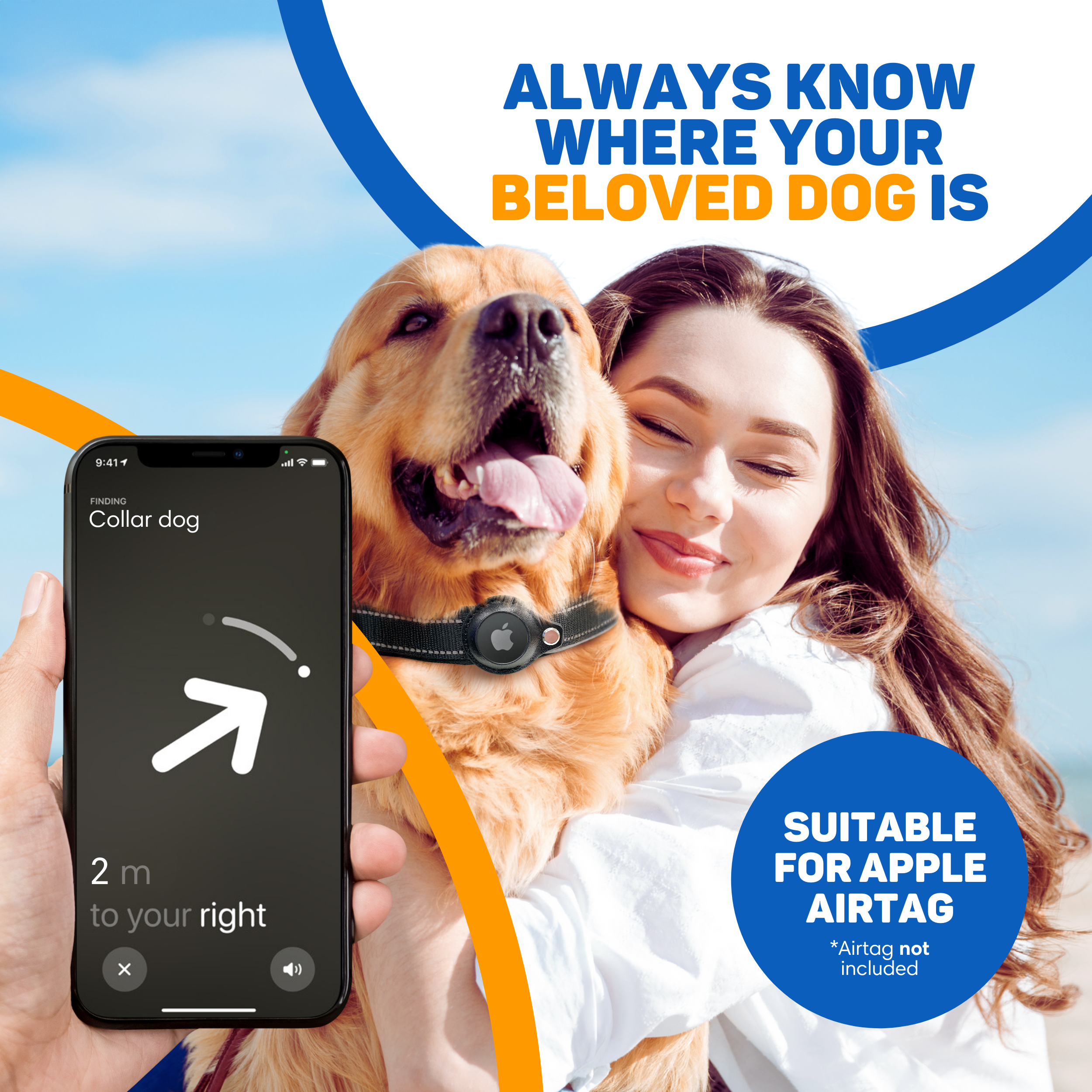 Frau umarmt Golden Retriever mit AirTag-Halterung, Handy zeigt Nähe an.