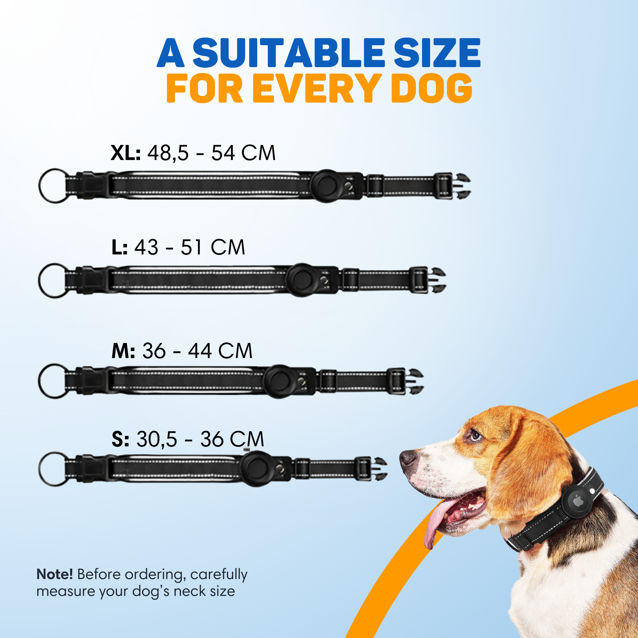 Hundehalsbänder in Größen S-XL mit Größenangaben und einem Beagle.