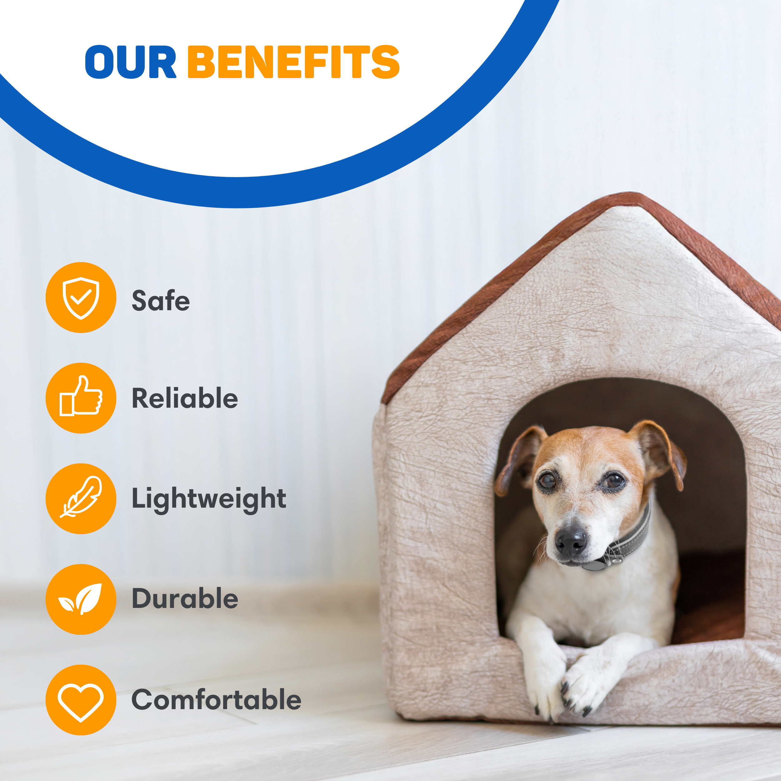 Ein Hund sitzt in einem Hundebett. Links sind Symbole für Sicherheit, Zuverlässigkeit, Leichtigkeit, Langlebigkeit.