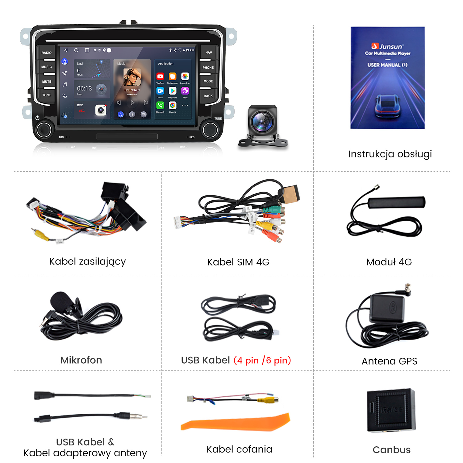 Radio samochodowe z ekranem, kamerą, kablami, mikrofonem, anteną i instrukcją.