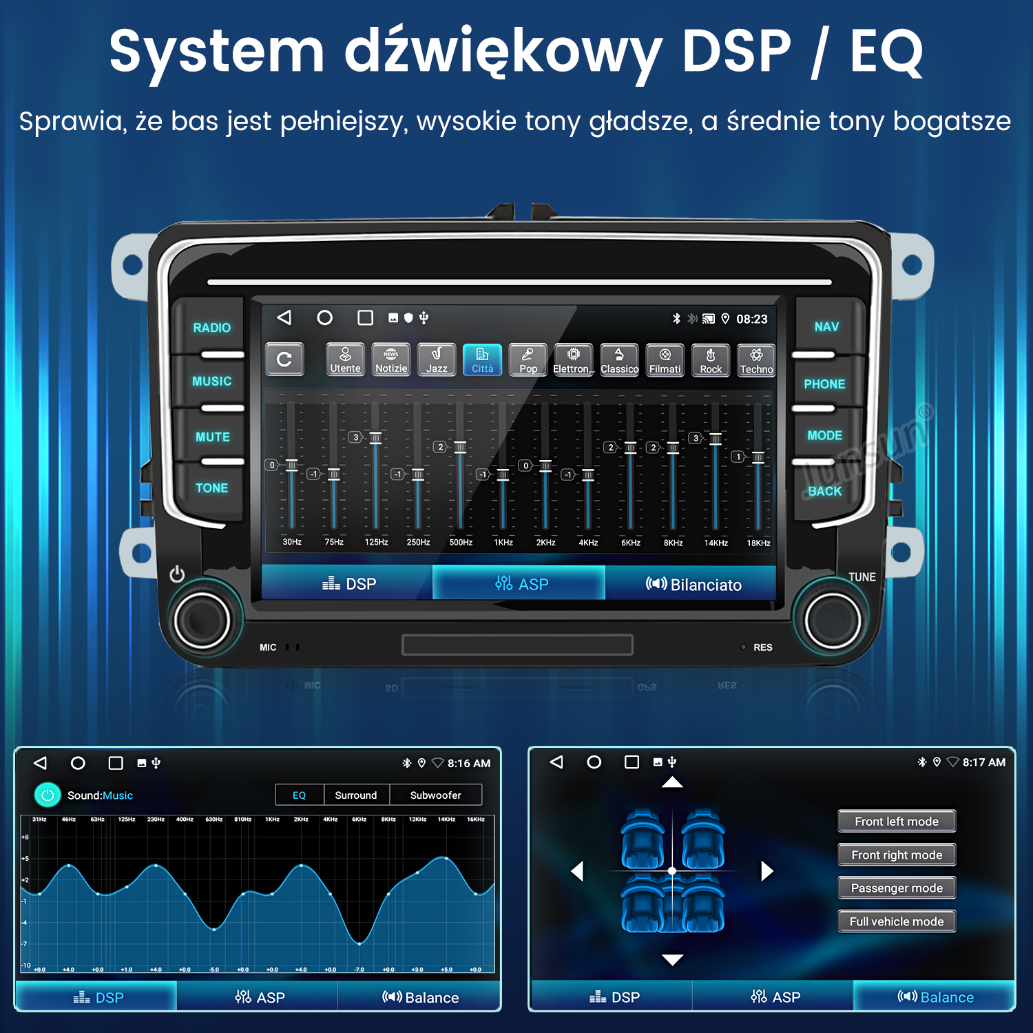 Ekran radia samochodowego pokazuje ustawienia DSP/EQ i krajobraz dźwiękowy.